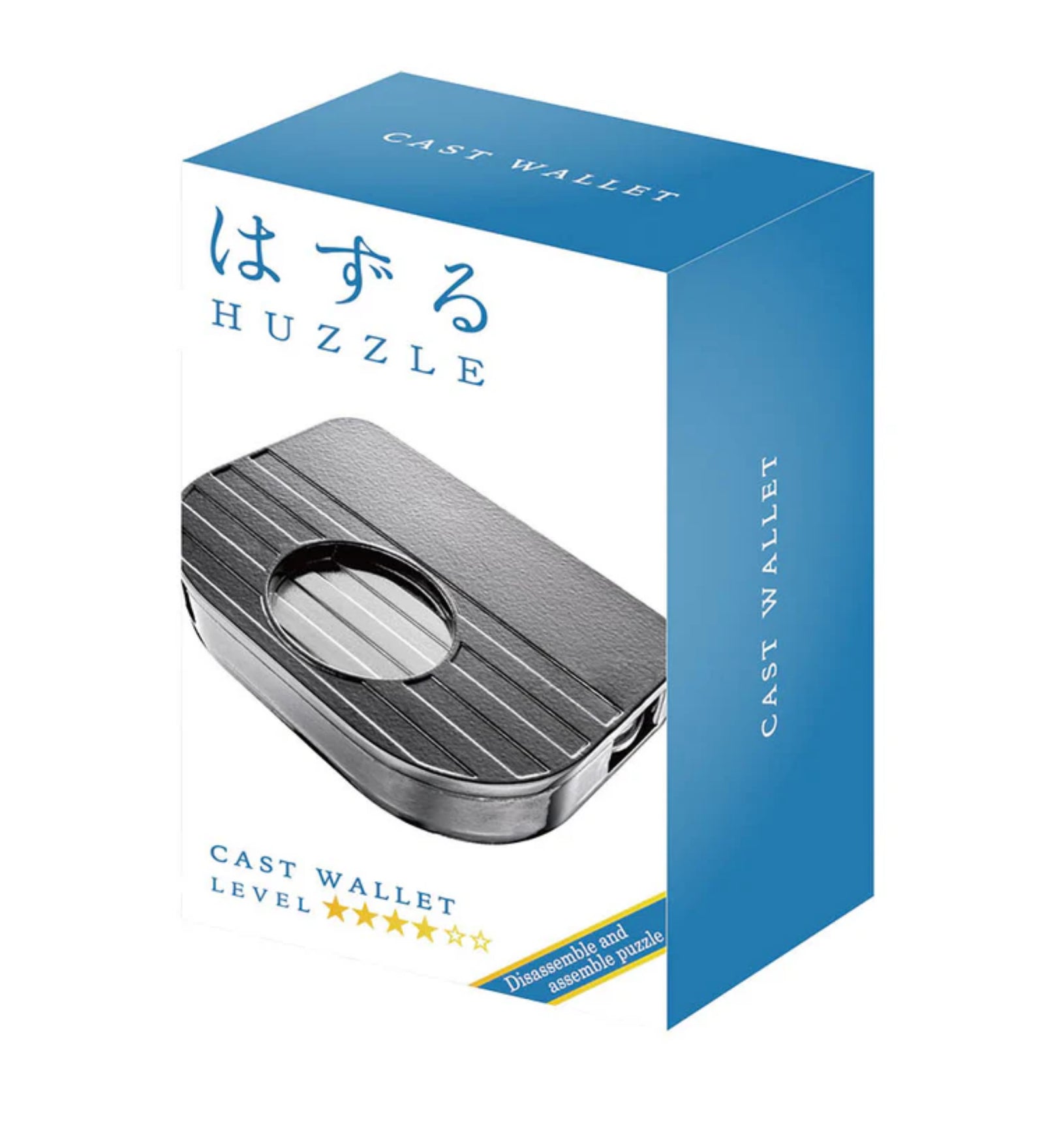 Hanayama Huzzle Cast Wallet fém logikai puzzle dobozképe, kék-fehér csomagolásban, a fémből készült pénztárca alakú kirakóval.