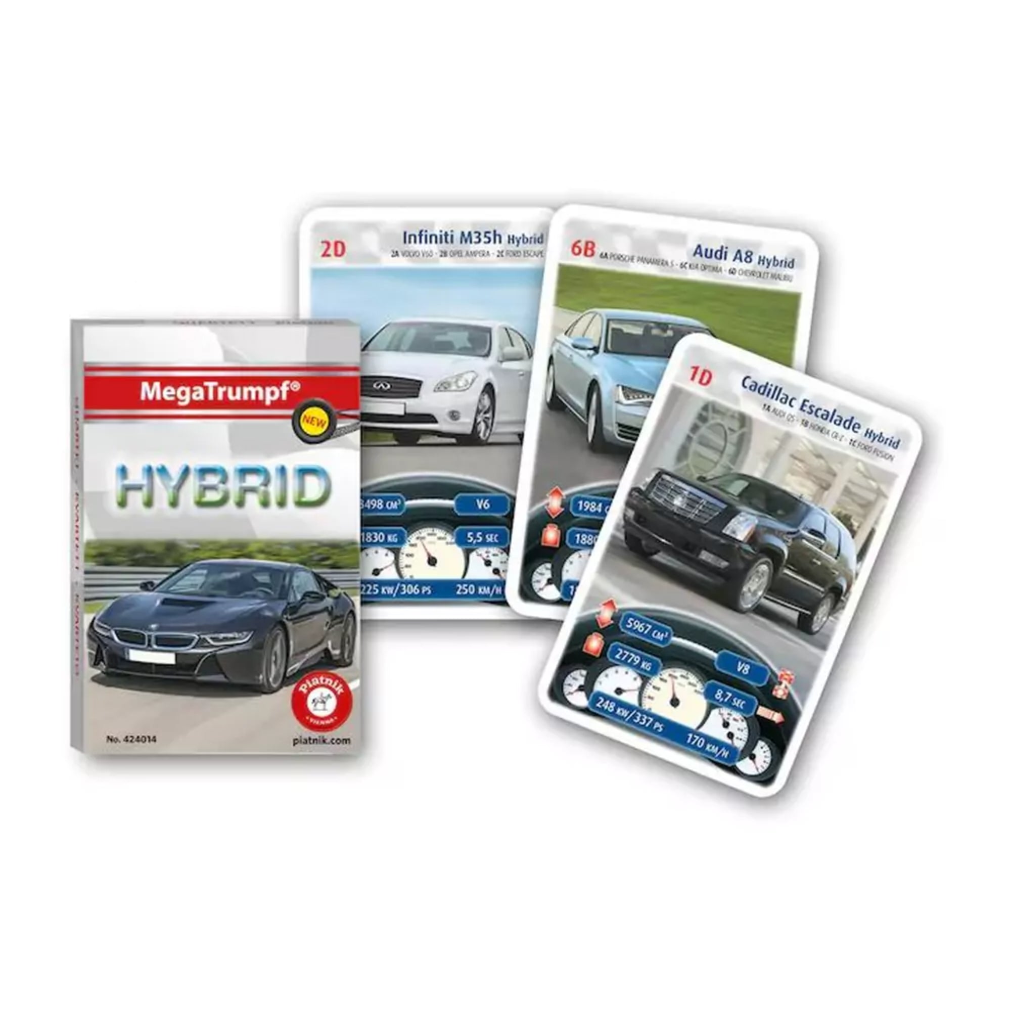 A képen a MegaTrumpf® “HYBRID” kvartett kártyajáték doboza és néhány kártyalapja látható. A dobozon egy sportos BMW i8 szerepel, míg a kibontott lapokon hibrid járművek, mint az Infiniti M35h, Audi A8 Hybrid és Cadillac Escalade Hybrid láthatók. A kártyákon szerepelnek a legfontosabb technikai adatok: lóerő, gyorsulás, végsebesség, motor típus stb. A játék célja a legjobb tulajdonságokkal rendelkező autók összegyűjtése.