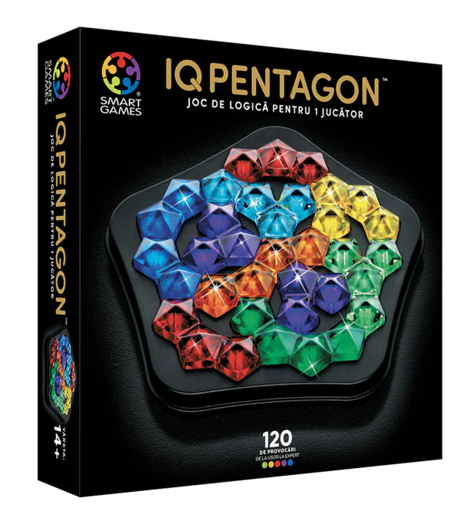 Az IQ Pentagon logikai játék doboza, színes kristályformájú elemekkel és 120 kihívással egy játékos számára.