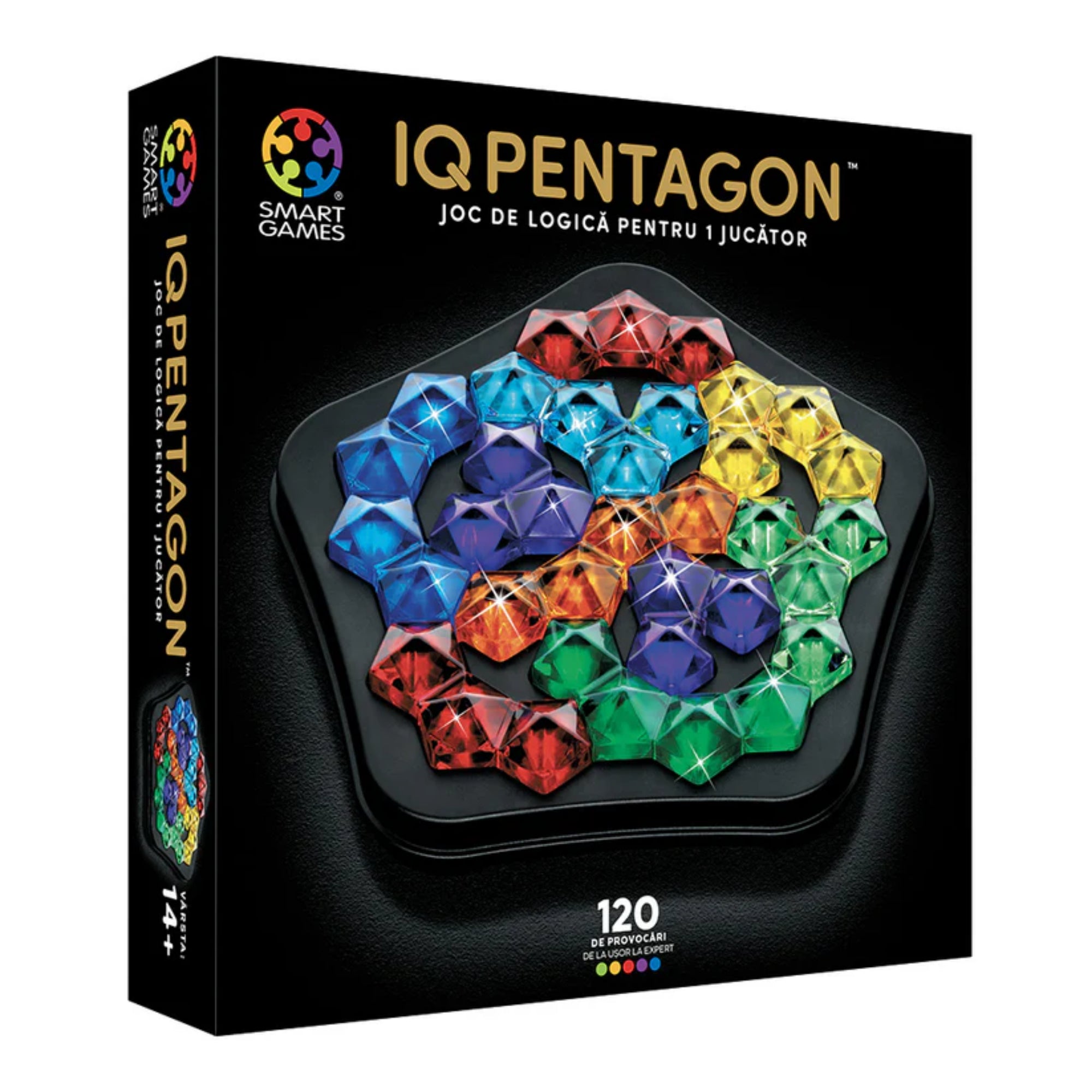 Az IQ Pentagon logikai játék doboza, színes kristályformájú elemekkel és 120 kihívással egy játékos számára.