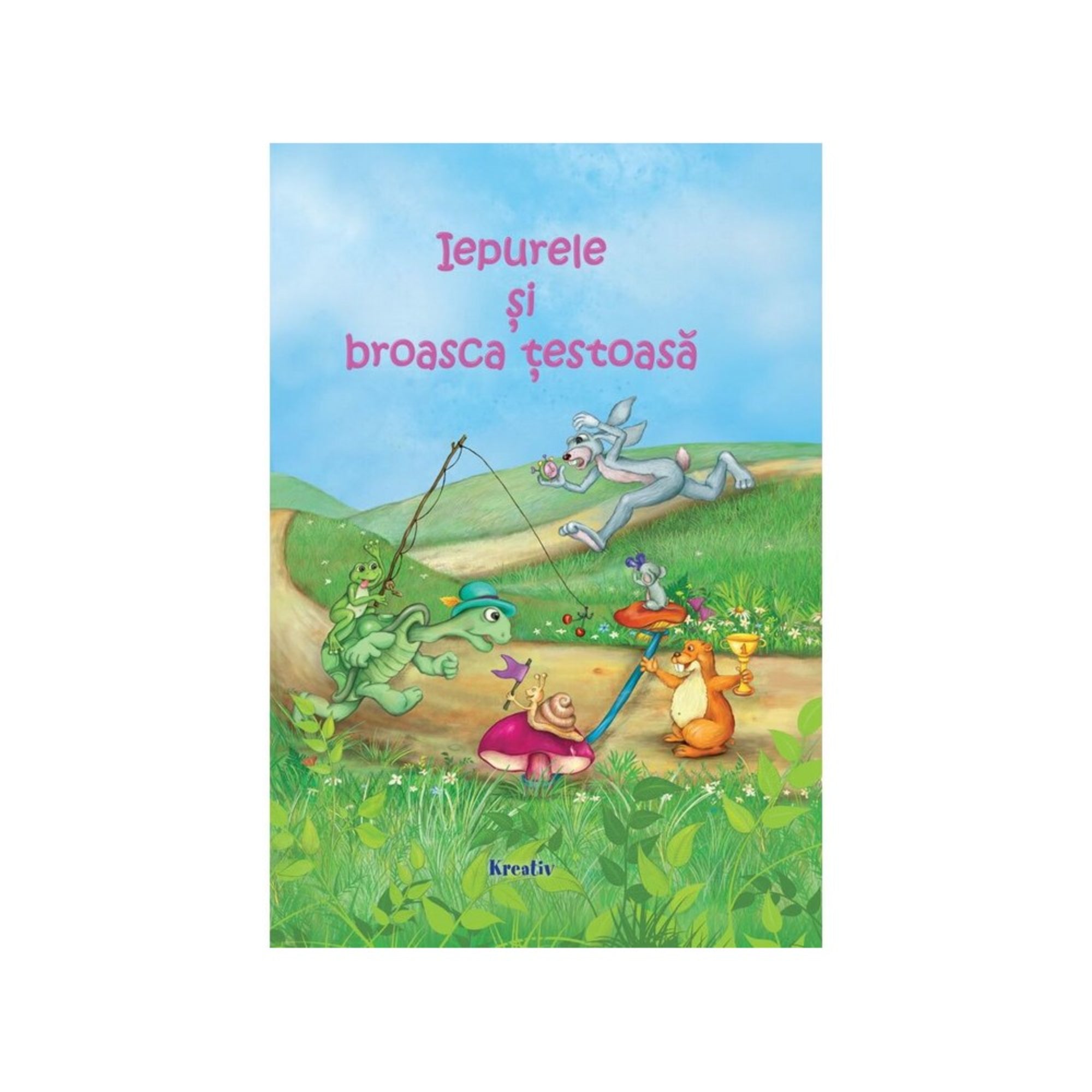 A könyv borítóján látható a "Iepurele și broasca țestoasă" meséből készült illusztráció, ahol a nyuszi és a teknős versenyét ábrázolják.