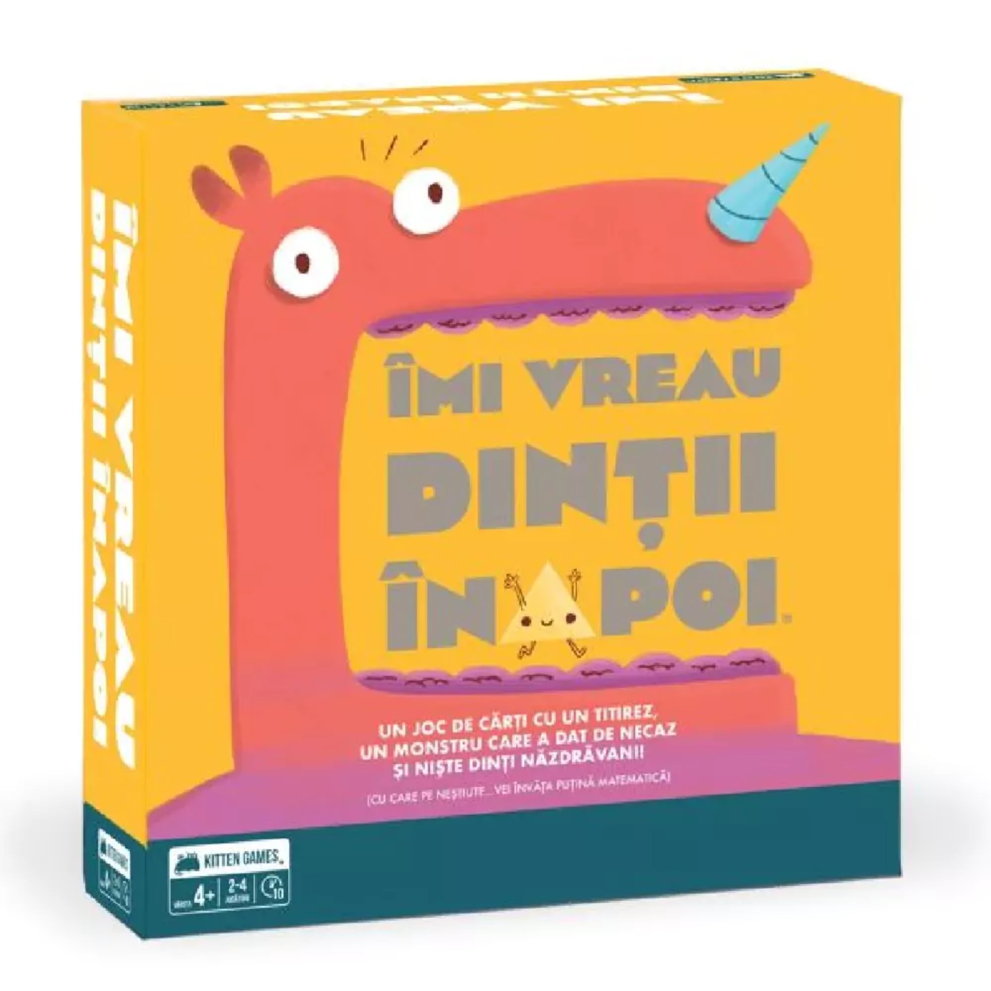 A képen az „Îmi vreau dinții înapoi” című gyerekjáték színes doboza látható. A sárga háttérrel és élénk illusztrációkkal díszített csomagoláson egy vicces rózsaszín szörnyeteg tátott szája dominál, amelyből hiányoznak a fogak – ezek visszaszerzése a játék célja. A szörny feje oldalra dől, és egy kék szarv is díszíti. A játék neve nagy, szürke betűkkel szerepel a dobozon, mely alatt egy rövid leírás olvasható: „Egy kártyajáték egy pörgettyűvel, egy bajba jutott szörnnyel és csintalan fogacskákkal.”