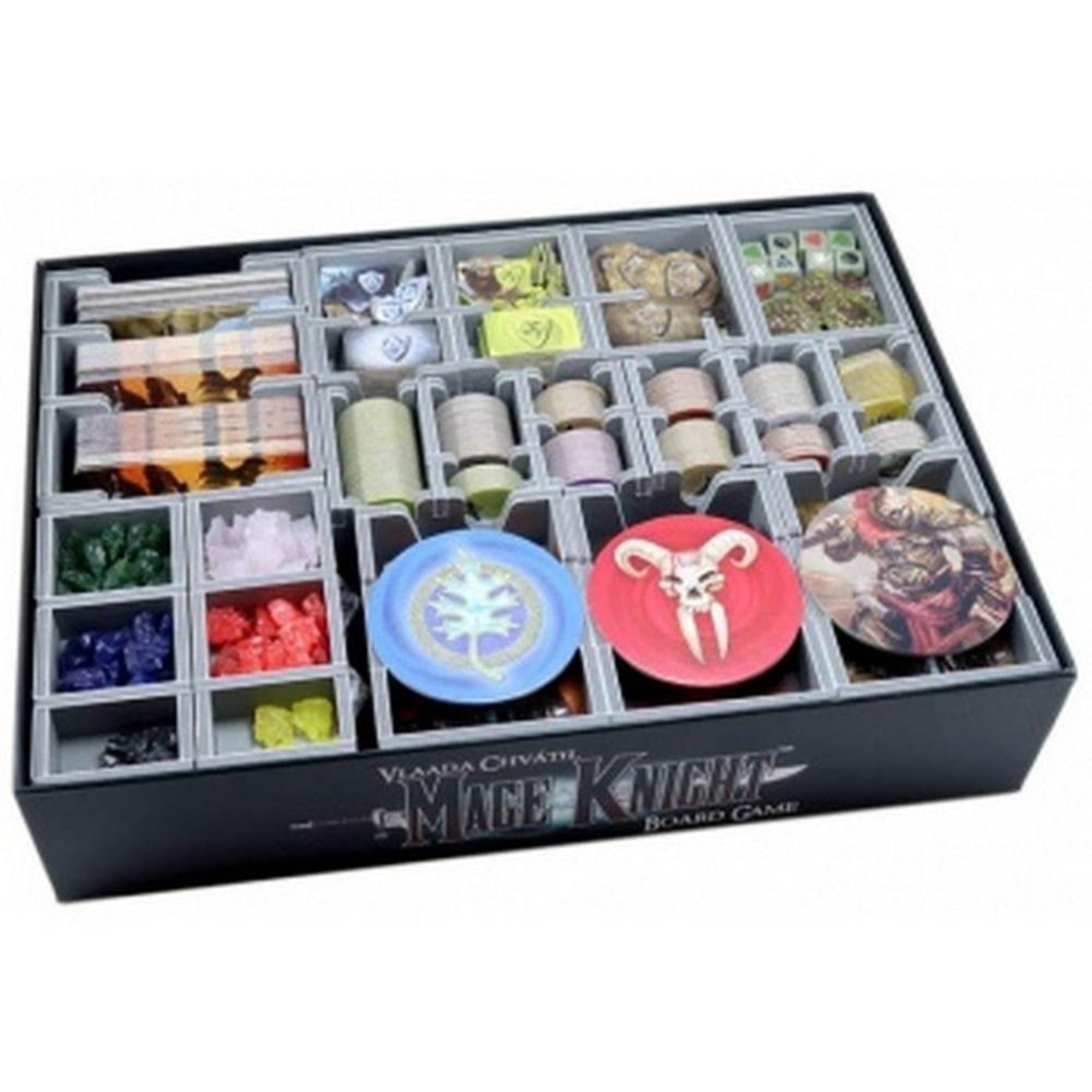 Mage Knight Board Game fa rendszerező – rekeszes organizer a dobozban, külön tárolóval kártyáknak, jelölőknek, kristályoknak, zsetonoknak és frakciókorongoknak.