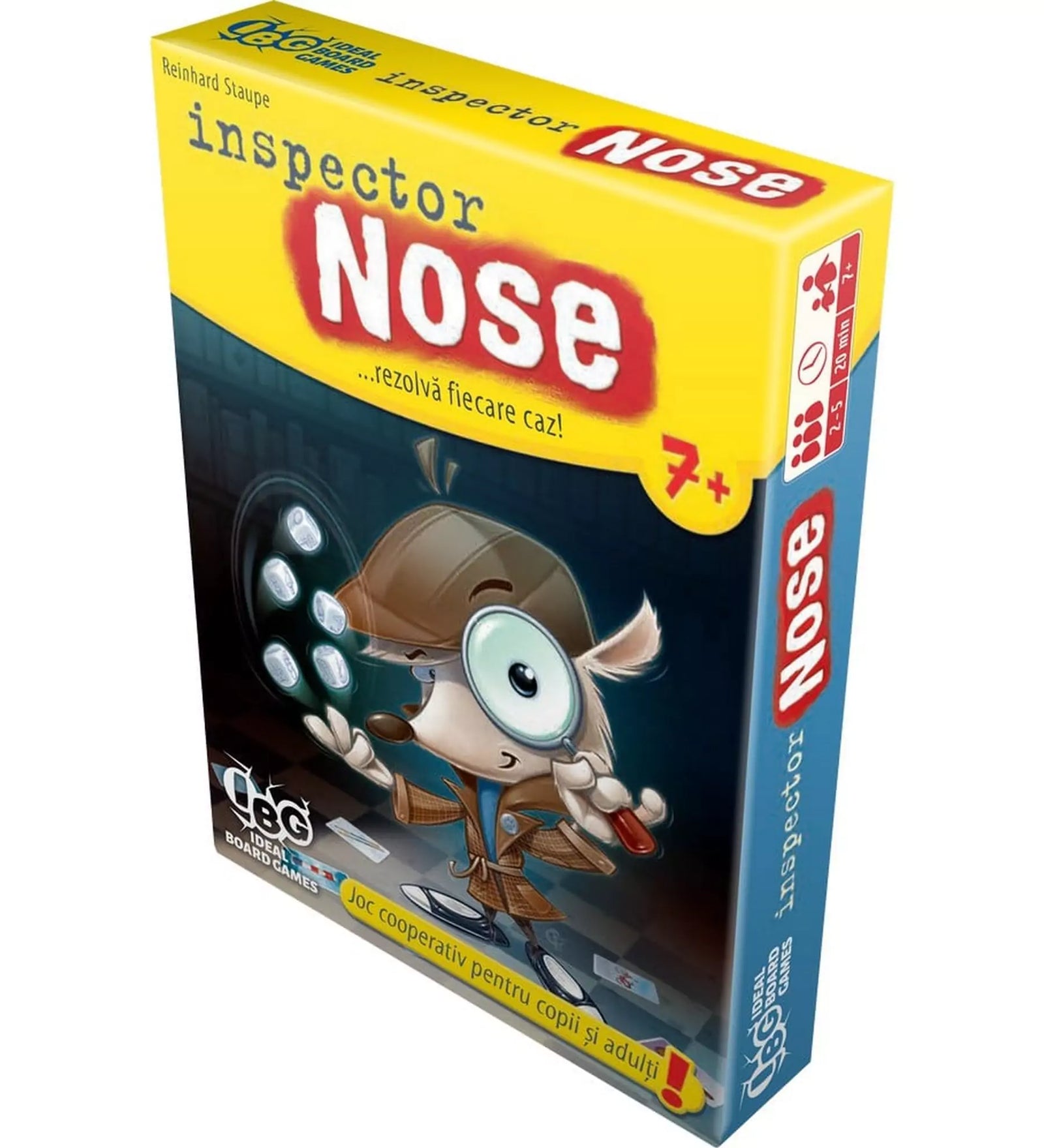 Inspector Nose, román nyelvű társasjáték doboza. A borítón egy nagyítót tartó detektívfigura látható. Kooperatív játék 7 éves kortól.