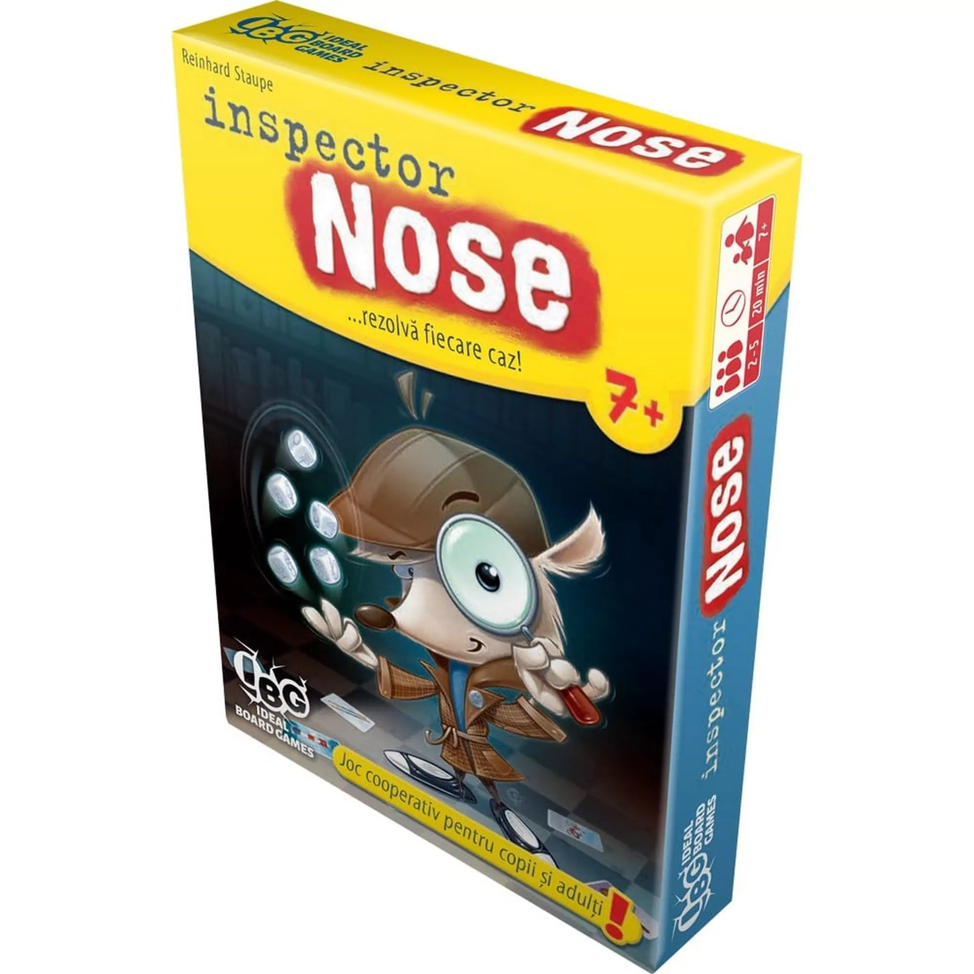 Inspector Nose, román nyelvű társasjáték doboza. A borítón egy nagyítót tartó detektívfigura látható. Kooperatív játék 7 éves kortól.