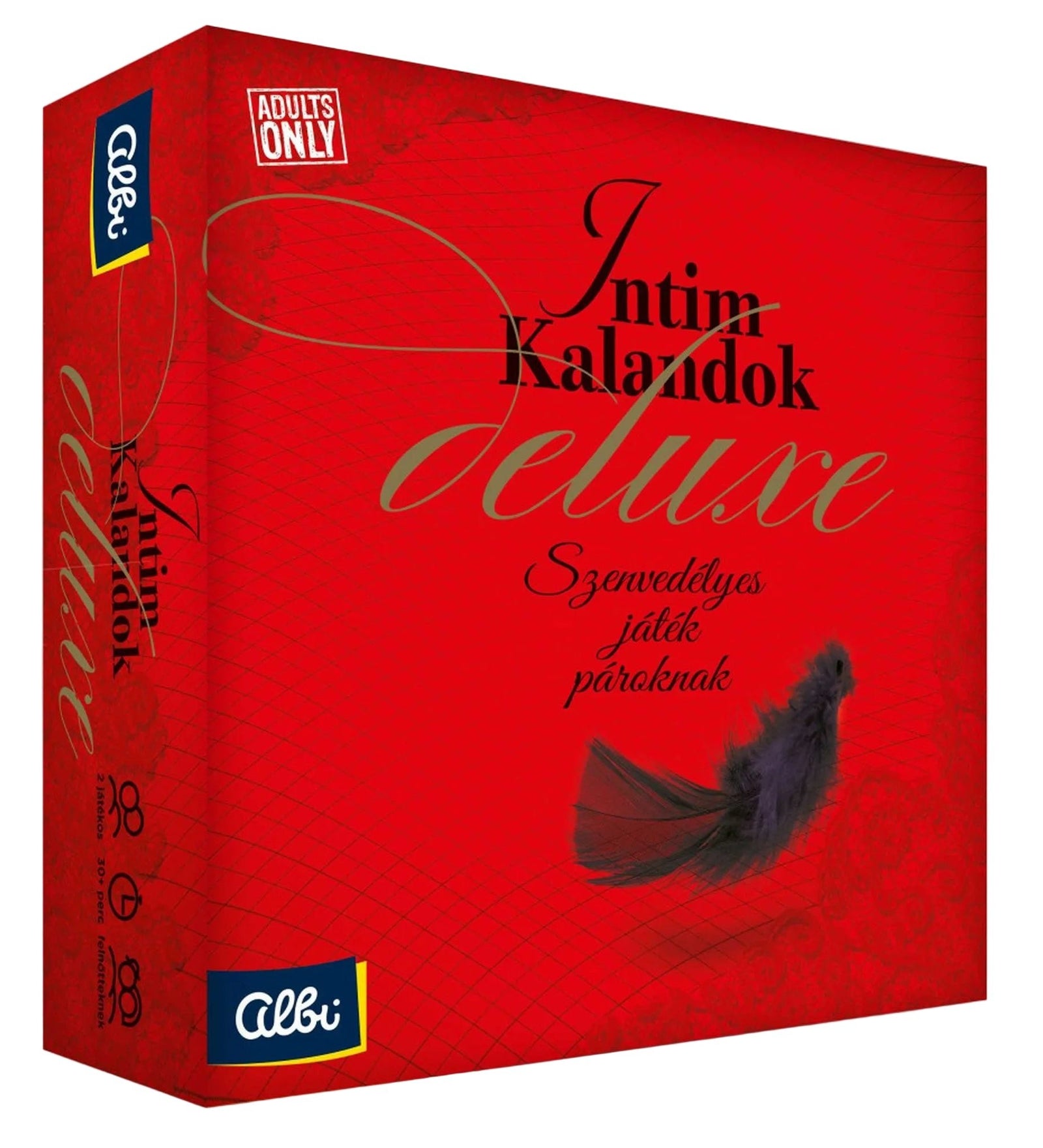 Intim kalandok Deluxe társasjáték doboz, piros háttérrel, elegáns felirattal és tollas kiegészítő grafikával.