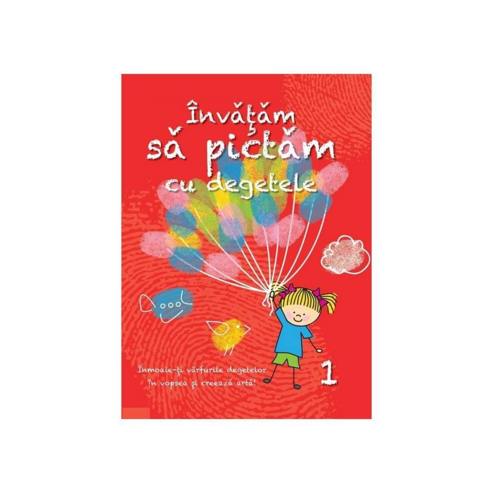 A képen az „Învățăm să pictăm cu degetele” című román nyelvű gyerekkönyv borítója látható. A piros háttérrel rendelkező, vidám grafikákkal díszített könyv célja, hogy a gyerekek játékos módon tanuljanak meg festeni az ujjbegyeik segítségével. A borítón egy mosolygó kislány látható, aki színes ujjlenyomatból készült lufikat tart a kezében. Emellett különféle ujjfestékkel készült halacskák és felhők is díszítik az illusztrációt.