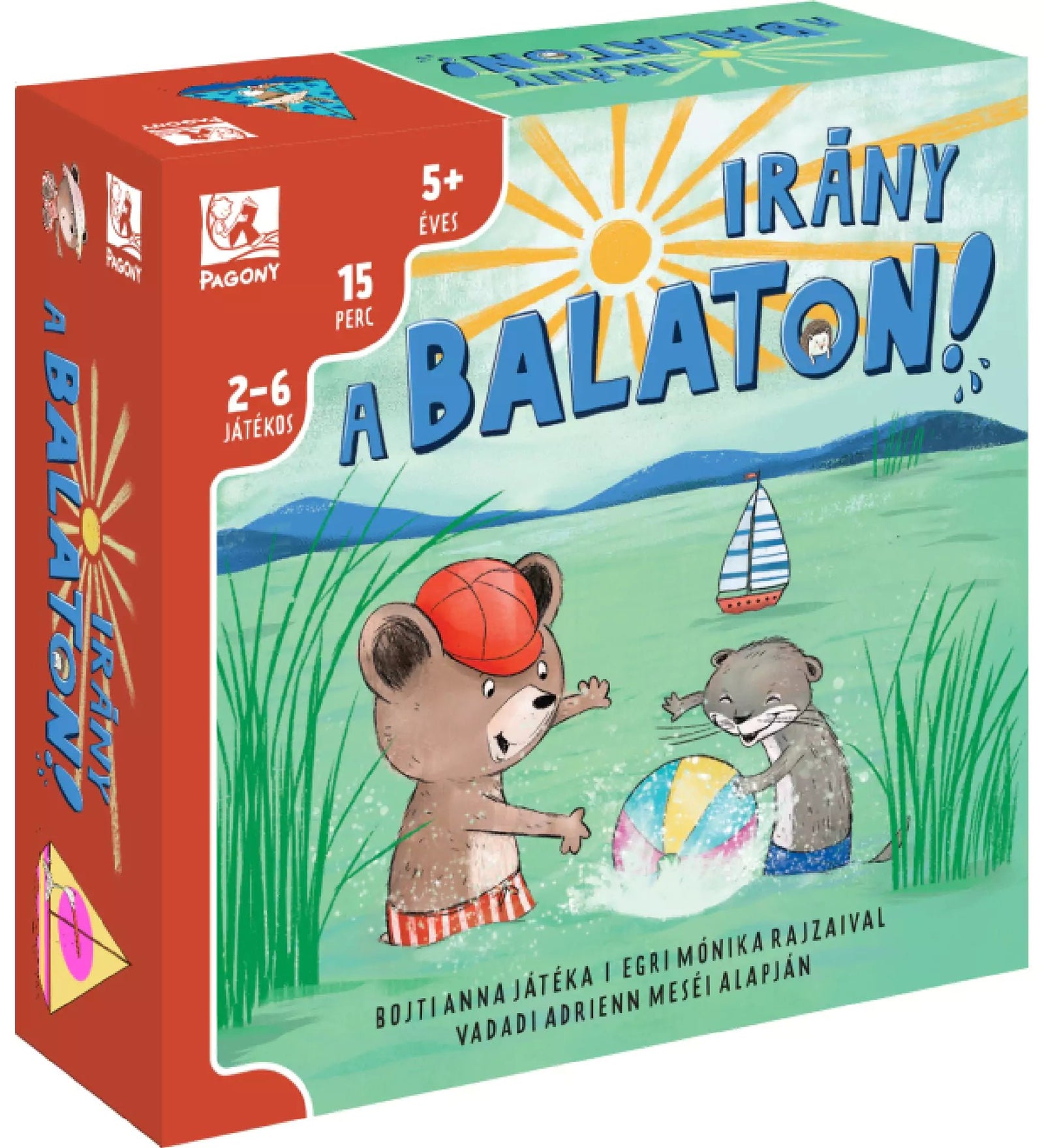 Pagony Irány a Balaton! társasjáték doboza vidám illusztrációval, amelyen medve és vidra játszik strandlabdával a Balaton partján.