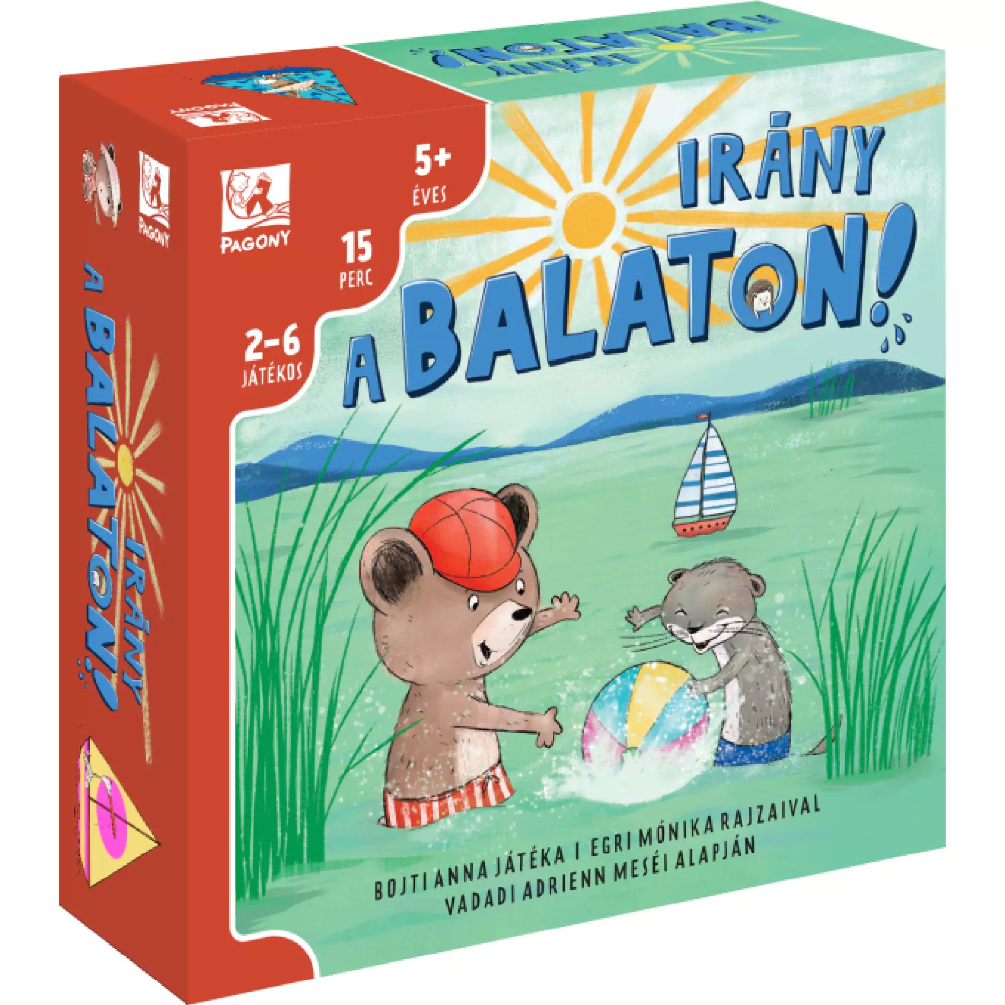 Pagony Irány a Balaton! társasjáték doboza vidám illusztrációval, amelyen medve és vidra játszik strandlabdával a Balaton partján.