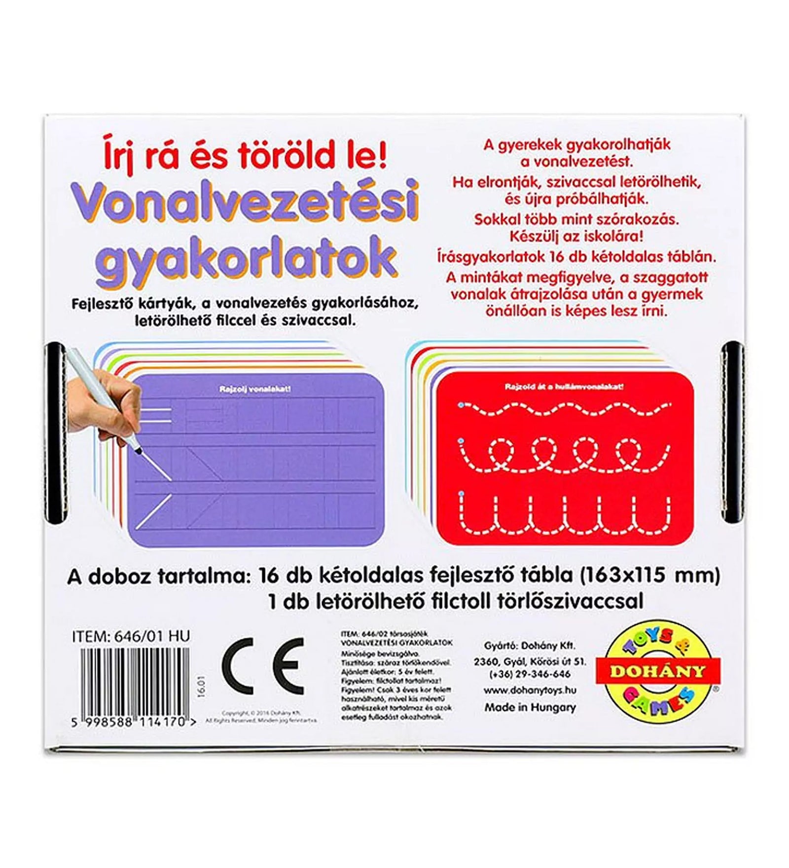 Írj rá és töröld le! Vonalvezetési gyakorlatok – a doboz hátoldala, a fejlesztő táblák és a vonalvezetési feladatok bemutatásával.