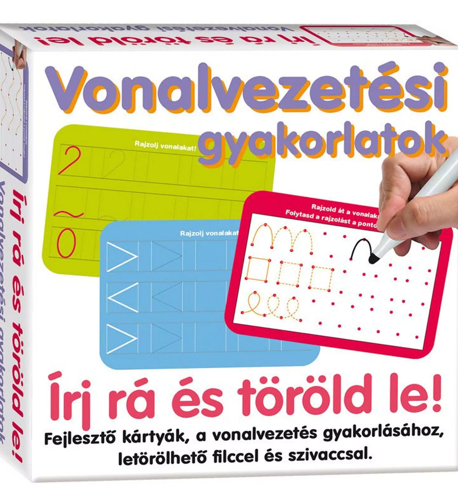 Írj rá és töröld le! Vonalvezetési gyakorlatok – a doboz eleje, letörölhető vonalvezetési gyakorlókártyákkal és filctollal.
