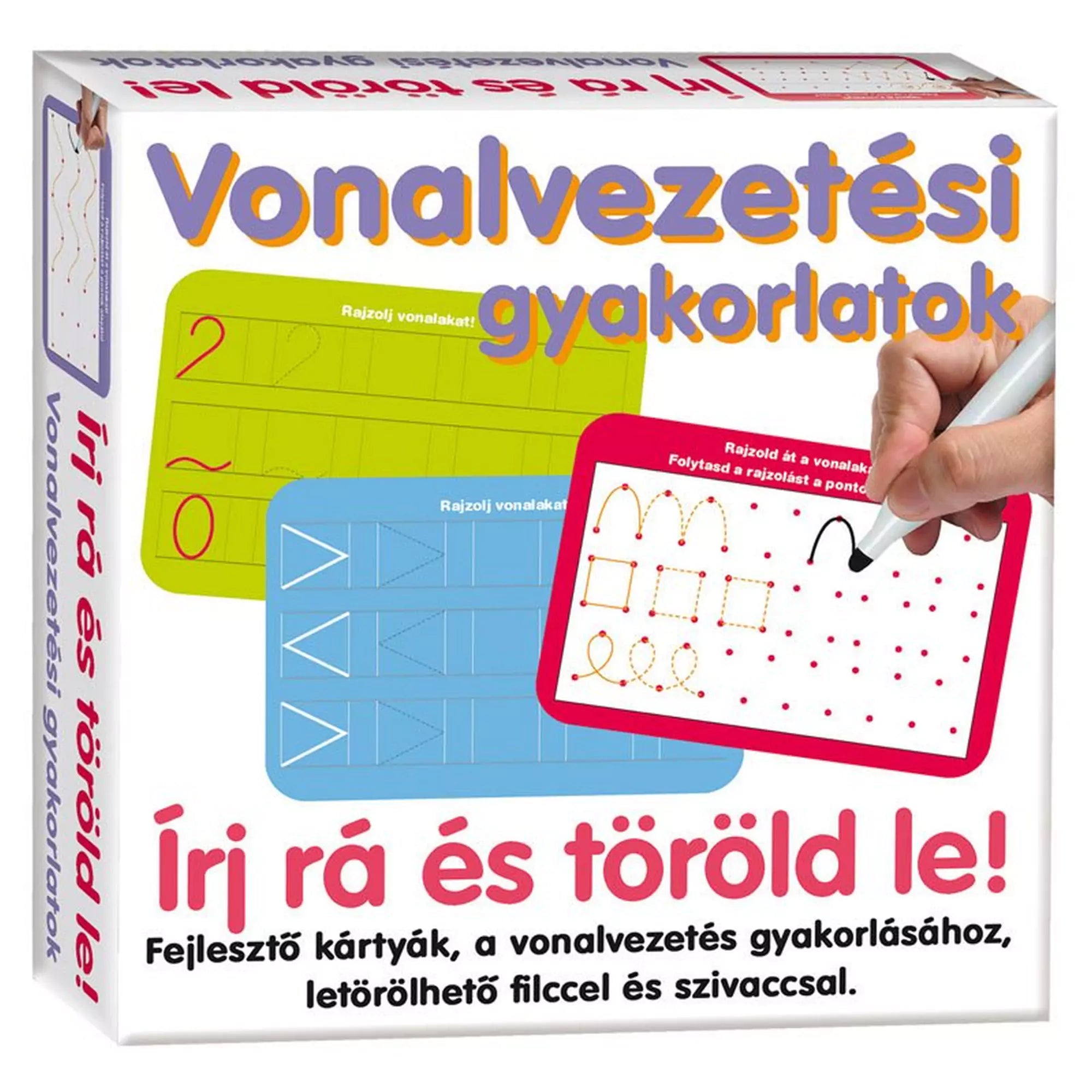 Írj rá és töröld le! Vonalvezetési gyakorlatok – a doboz eleje, letörölhető vonalvezetési gyakorlókártyákkal és filctollal.
