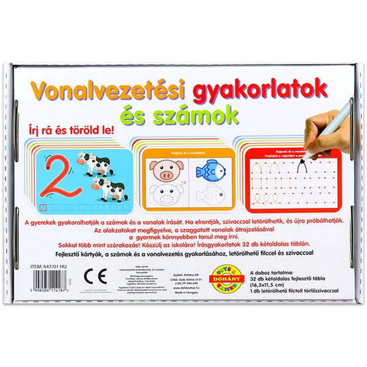 Írj rá és töröld le! Vonalvezetési gyakorlatok és számok – a doboz hátoldala, szám- és vonalvezetési feladatokat bemutató fejlesztőtáblákkal.