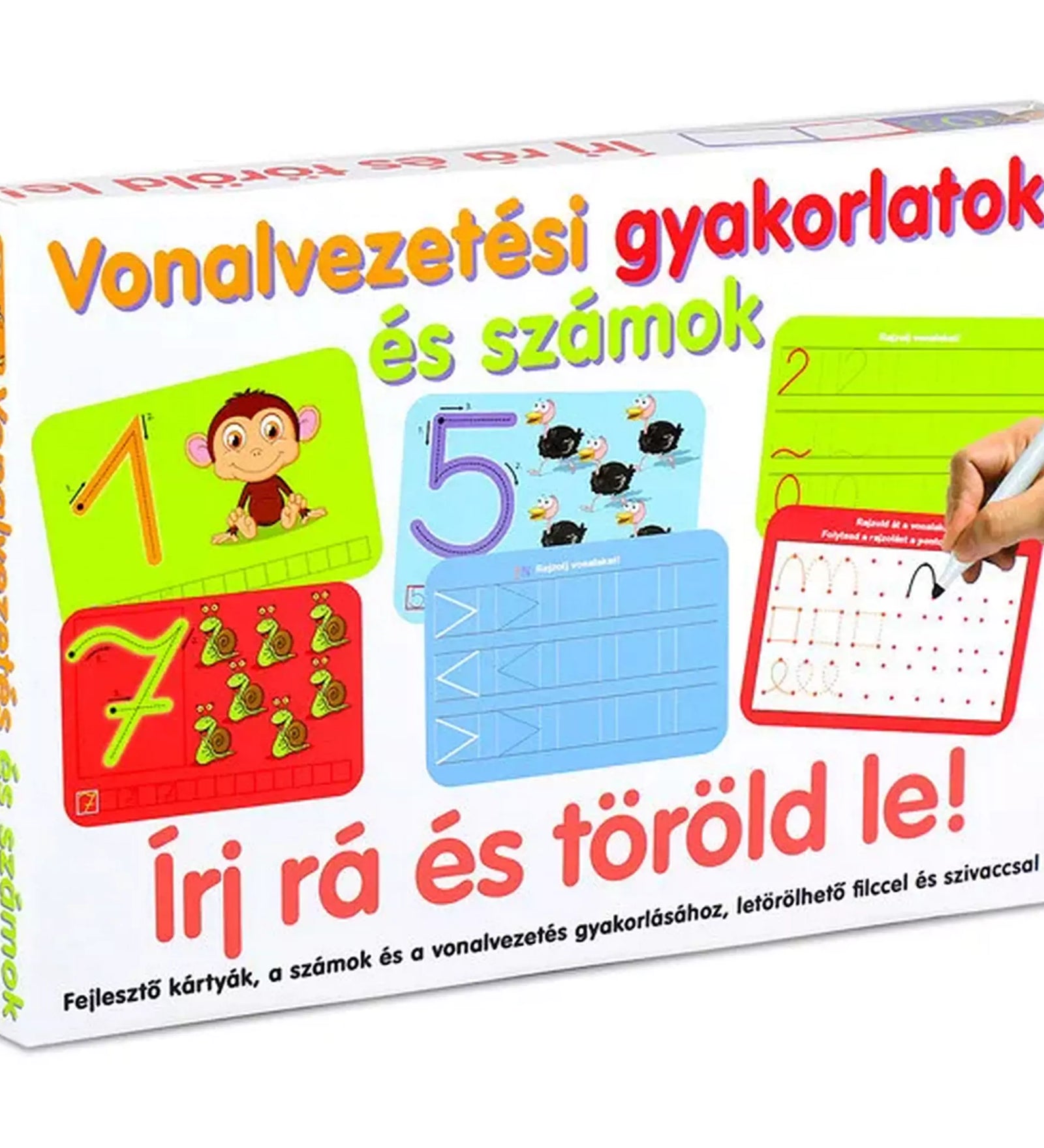 Írj rá és töröld le! Vonalvezetési gyakorlatok és számok – a doboz eleje, letörölhető számírási és vonalvezetési gyakorlókártyákkal.