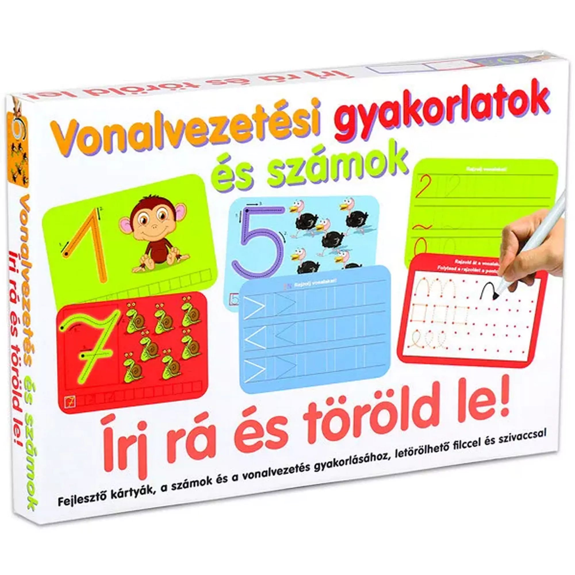 Írj rá és töröld le! Vonalvezetési gyakorlatok és számok – a doboz eleje, letörölhető számírási és vonalvezetési gyakorlókártyákkal.