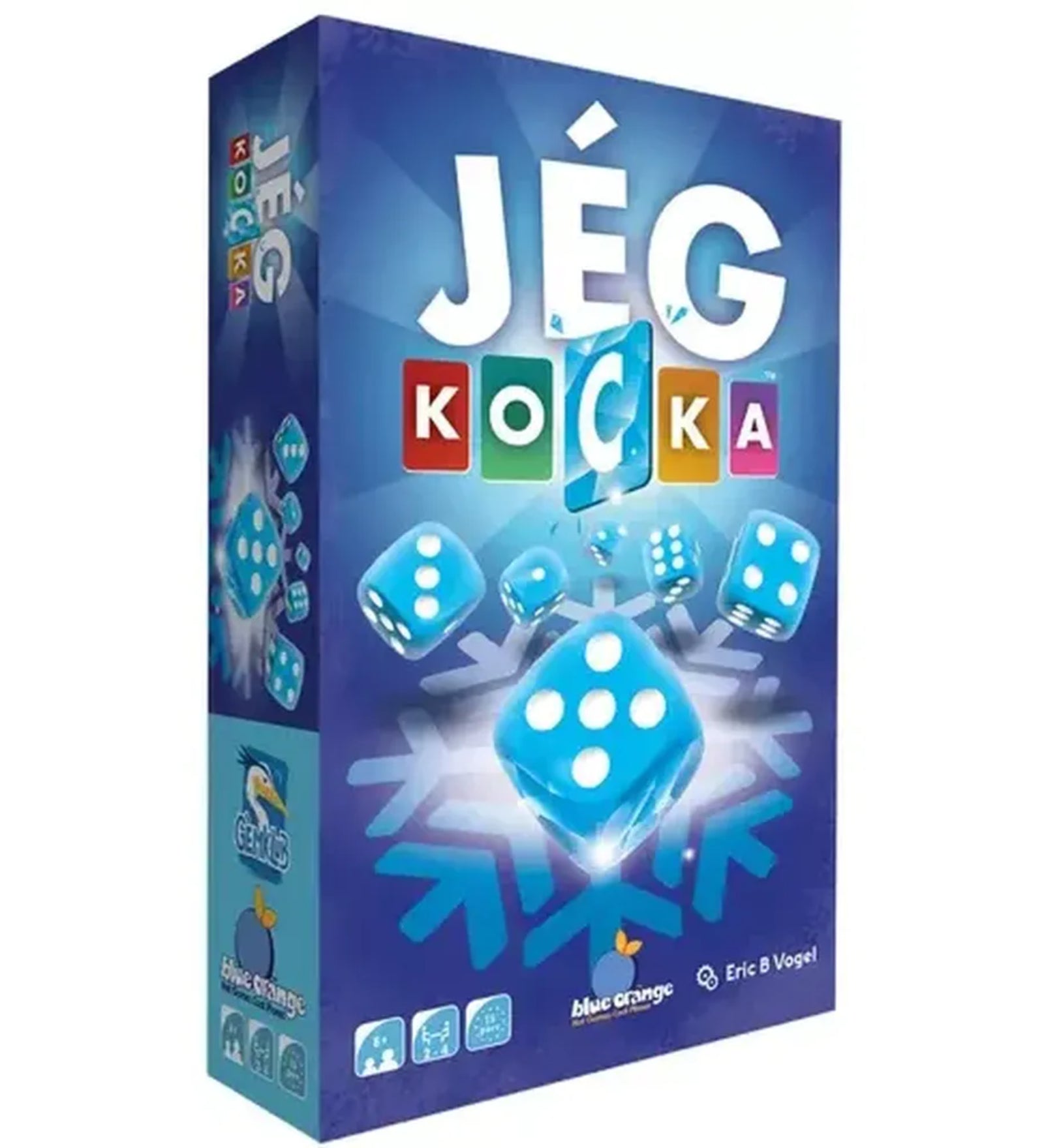 Ez a kép a Jégkocka társasjáték dobozát ábrázolja, amelynek látványos, jeges hangulatú borítója azonnal megragadja a figyelmet. A dobozon több világoskék, átlátszó kocka lebeg egy stilizált hópehely felett, utalva a játék fő mechanizmusára – a kockadobásra. A játék neve színes betűkkel van kiírva, melyek játékos, családbarát hangulatot keltenek. Az alsó részen a kiadó (Blue Orange) és a játék szerzője, Eric B. Vogel neve is olvasható. 