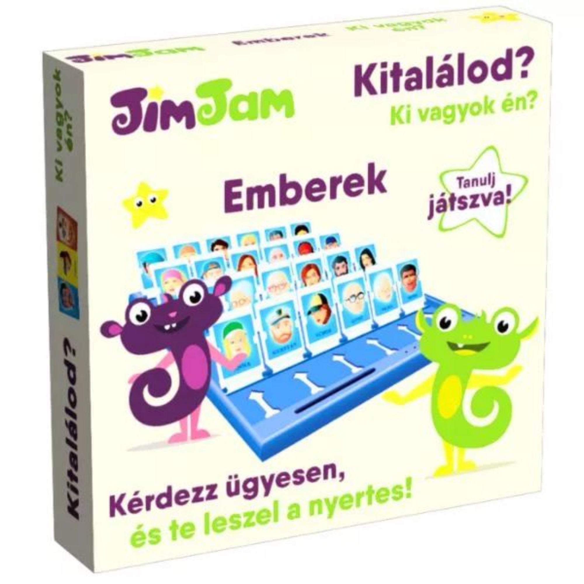 JimJam "Ki vagyok én?" társasjáték doboza, amely a játék emberi karakterekkel ellátott tábláit és vidám, színes grafikáit mutatja.