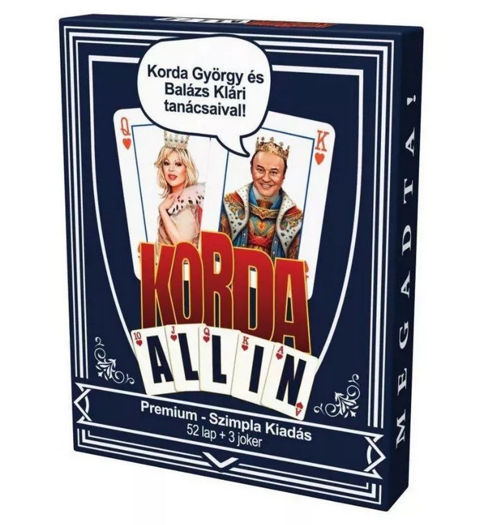 Korda All In prémium francia kártya előlapi dobozképe Korda György és Balázs Klári grafikájával.
