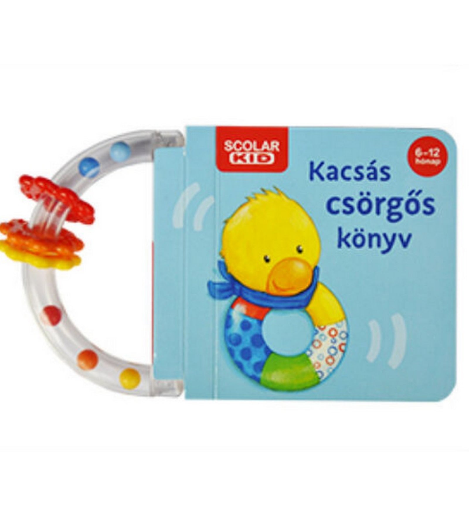 Scolar Kid Kacsás csörgős könyv borítója, világoskék alapon vidám, sárga kiskacsa illusztrációval, átlátszó csörgő fogantyúval és színes gyöngyökkel.