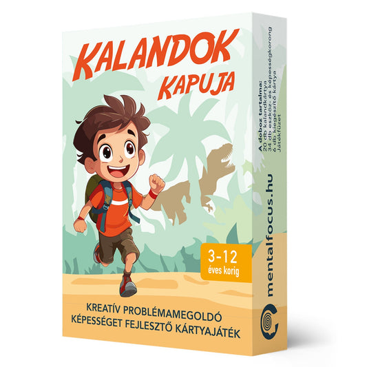 Kalandok kapuja kreatív problémamegoldó kártyajáték doboza, 3–12 éves gyerekeknek szóló fejlesztő társasjáték csomagolása.