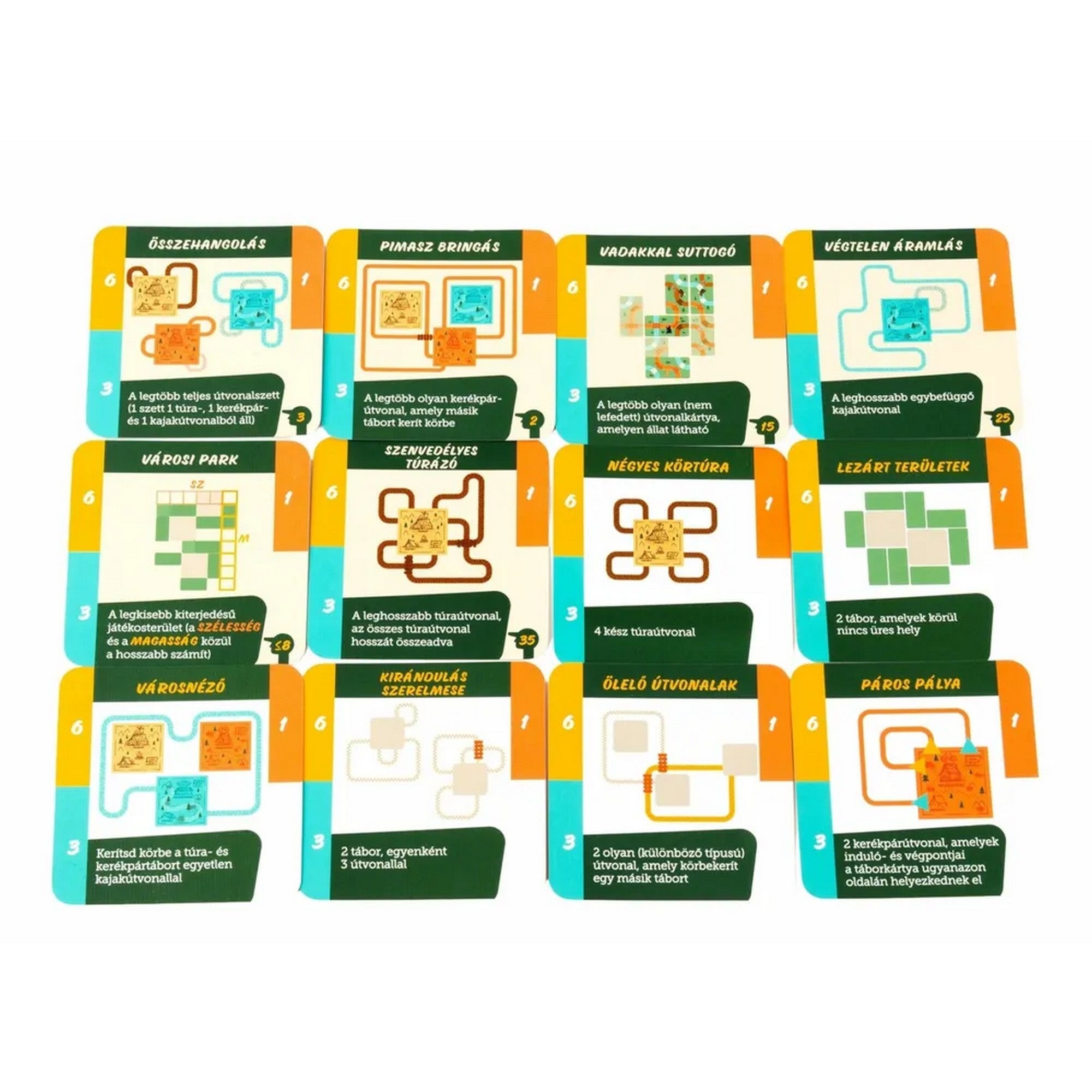 „A Kalandtúra társasjáték küldetéskártyái különböző útvonalformákkal és pontozási feltételekkel.”