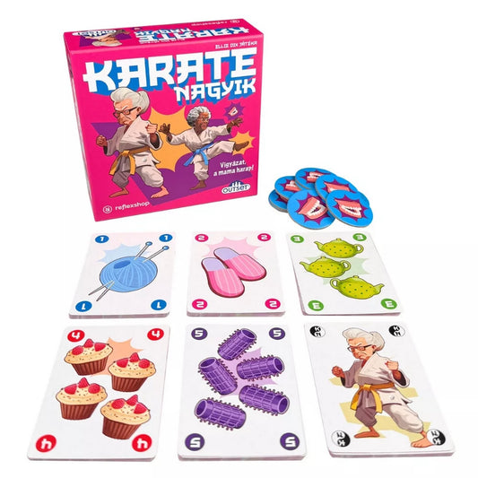 Karate Nagyik társasjáték tartalma, doboz, korongok és kártyák különböző tárgyakkal és nagymama karakterrel.
