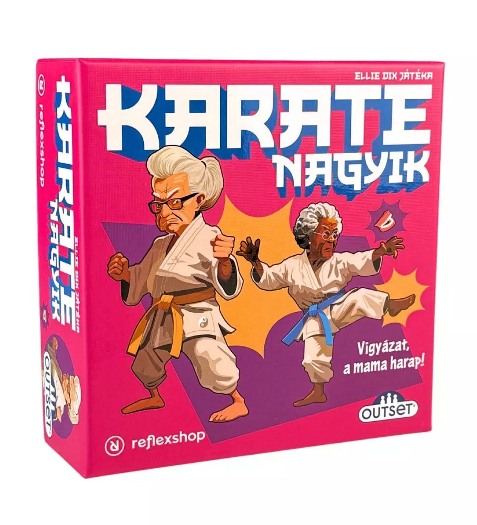 Karate Nagyik társasjáték doboz elölnézet, két karate ruhás nagymama harci pózban, élénk rózsaszín háttérrel.