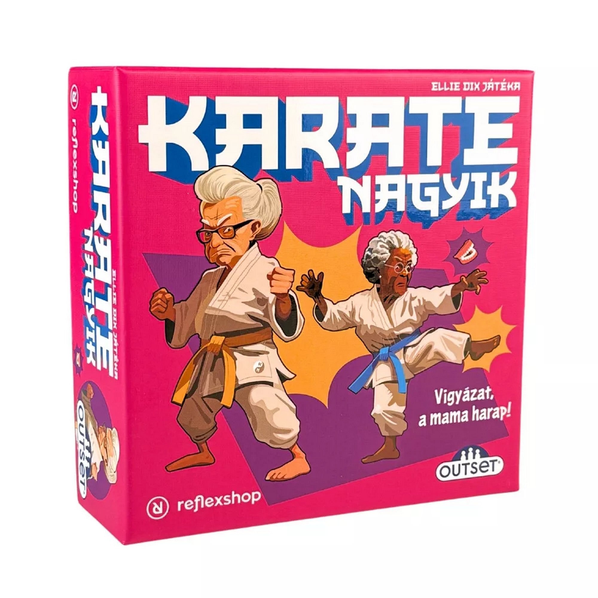 Karate Nagyik társasjáték doboz elölnézet, két karate ruhás nagymama harci pózban, élénk rózsaszín háttérrel.