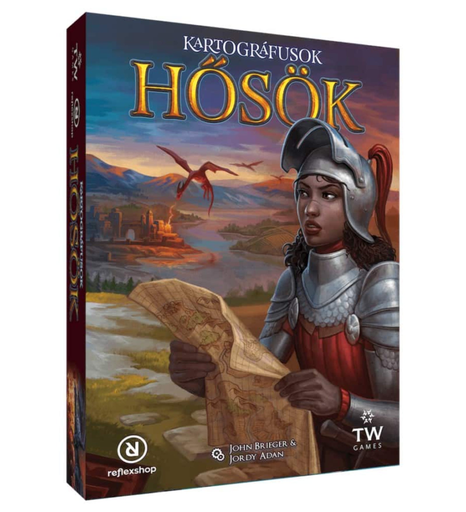 Kartográfusok Hősök magyar társasjáték dobozképe, páncélos hősnő térképpel a kezében, fantasy tájjal és sárkánnyal a háttérben