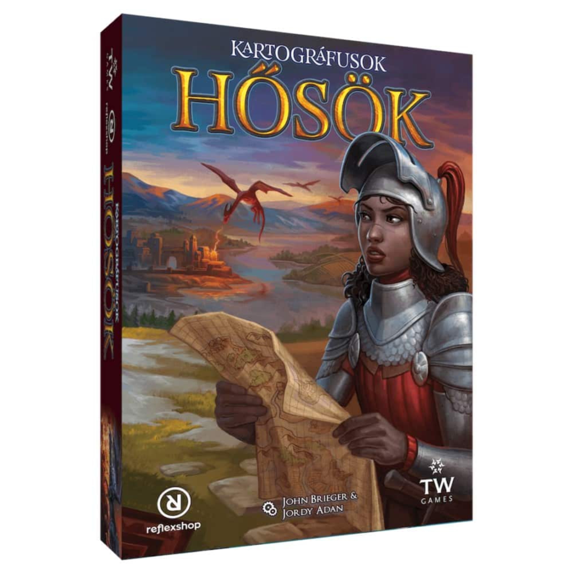 Kartográfusok Hősök magyar társasjáték dobozképe, páncélos hősnő térképpel a kezében, fantasy tájjal és sárkánnyal a háttérben