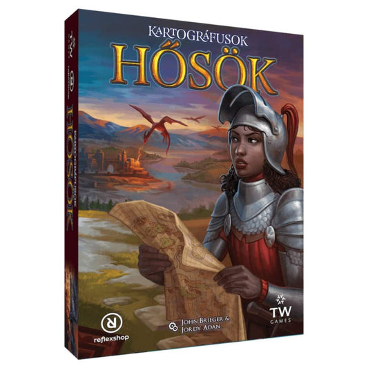 Kartográfusok Hősök magyar társasjáték dobozképe, páncélos hősnő térképpel a kezében, fantasy tájjal és sárkánnyal a háttérben