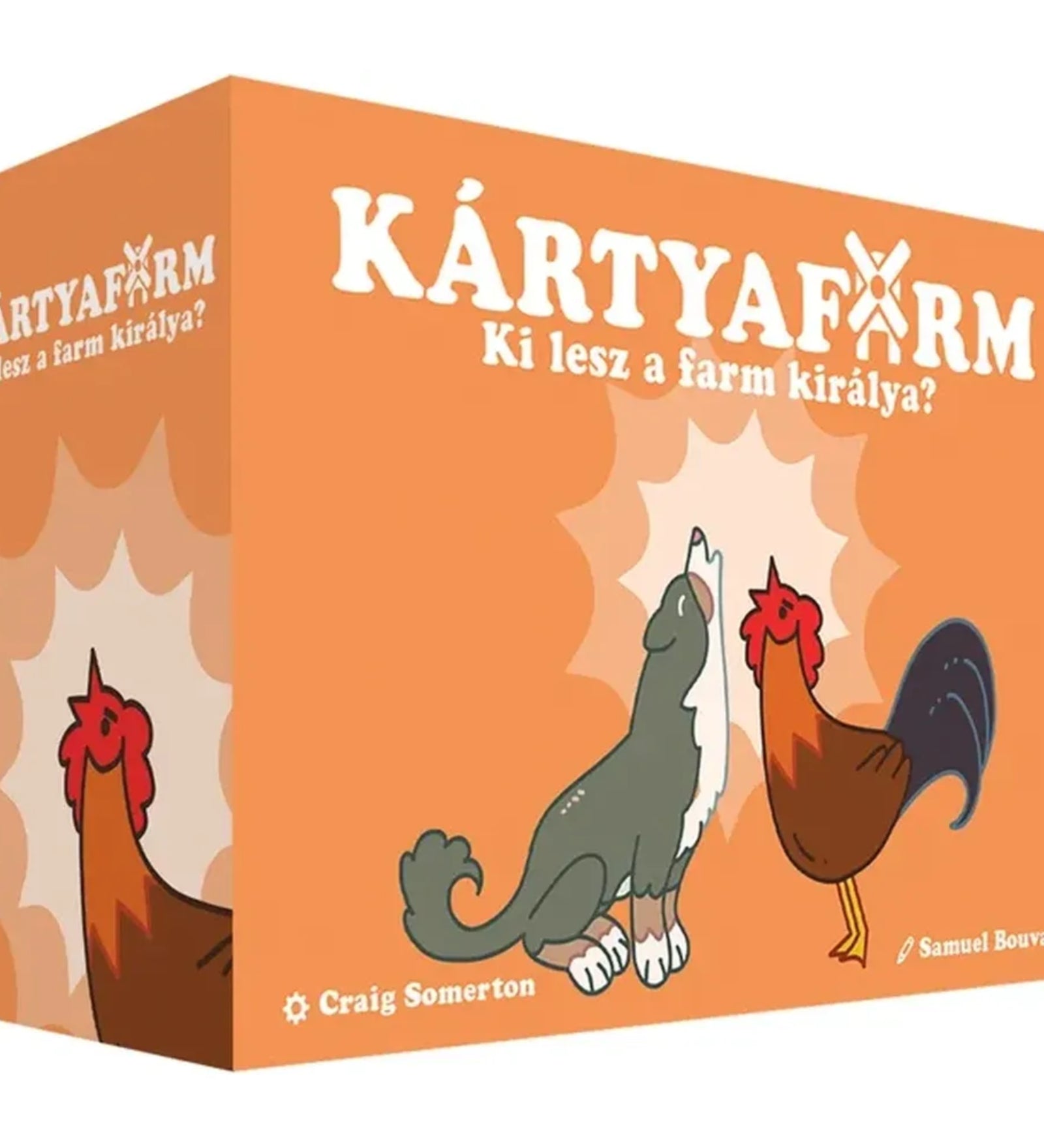 Kártyafarm társasjáték – A narancssárga játékdoboz elölnézetből, rajta farmállatos illusztrációval és a játék címe.