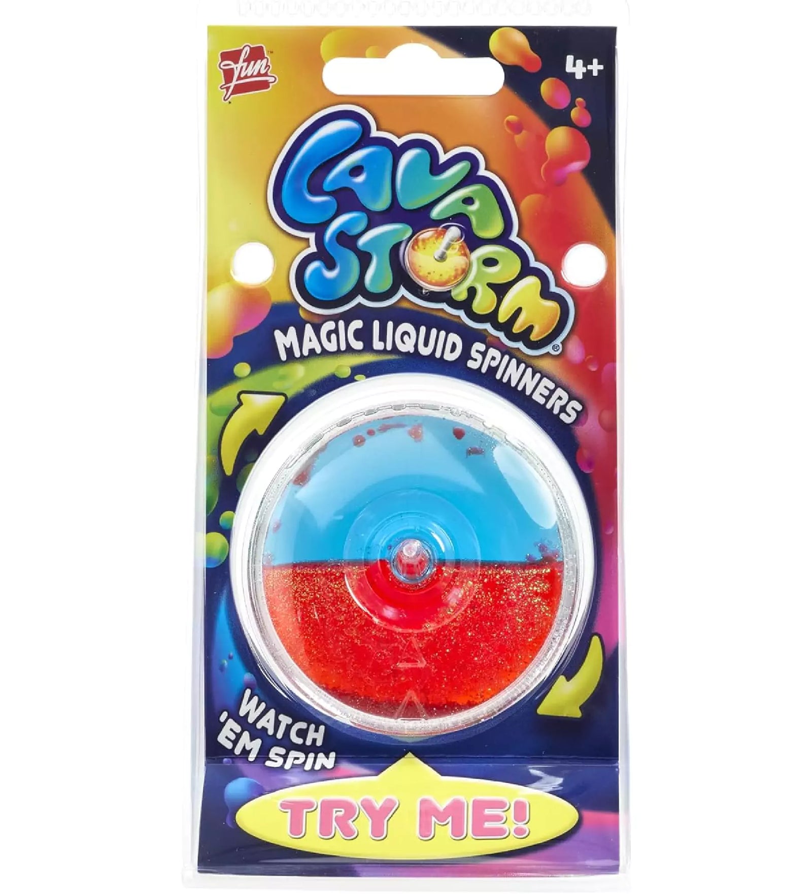 Kék és piros LavaStorm pörgettyű csomagolásban, a „Magic Liquid Spinners” felirattal és csillogó folyadékkal töltve.