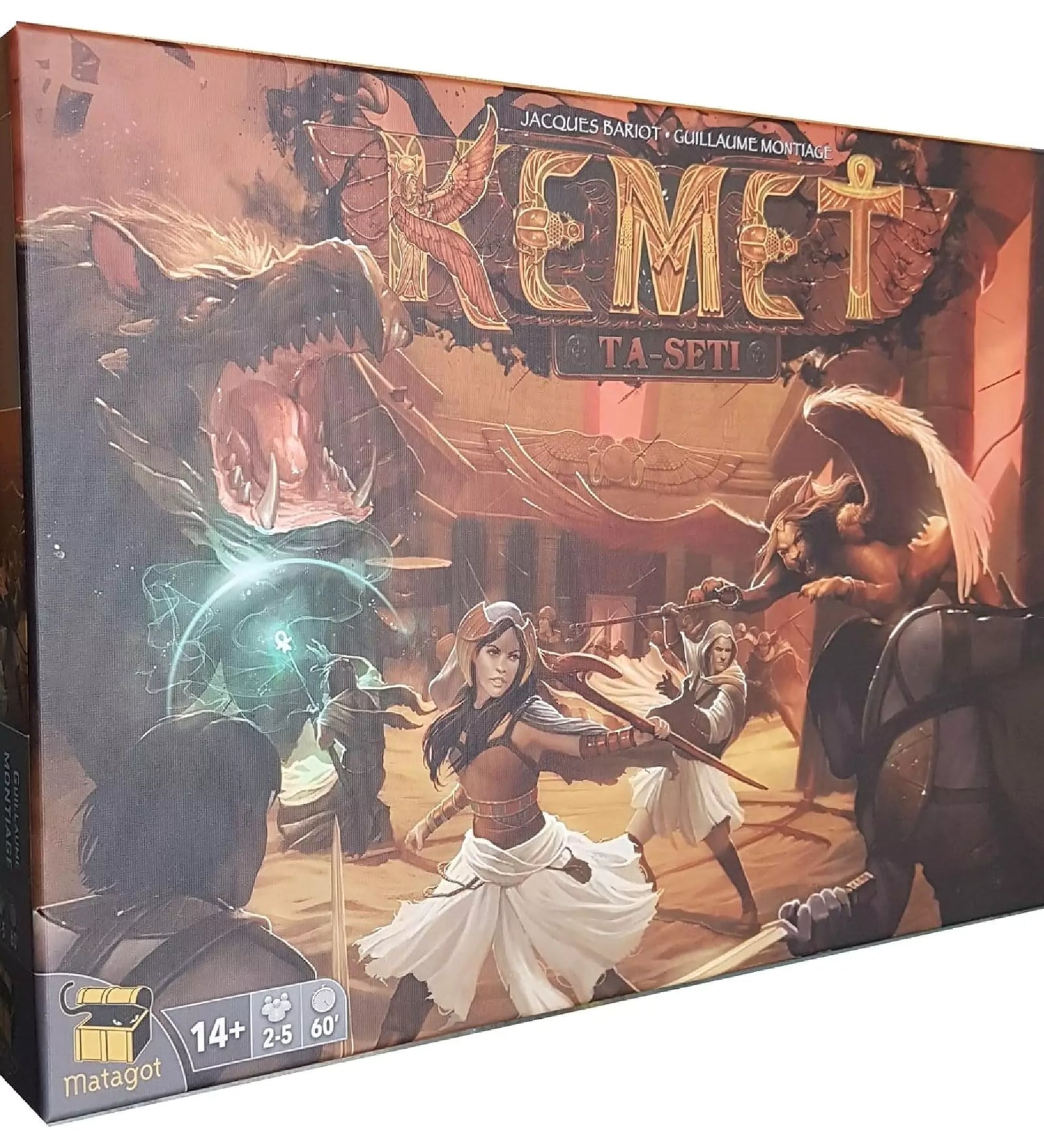 Kemet: Ta-Seti társasjáték doboza, epikus egyiptomi harci jelenettel, ahol hősök és mitikus lények küzdenek a homokban.