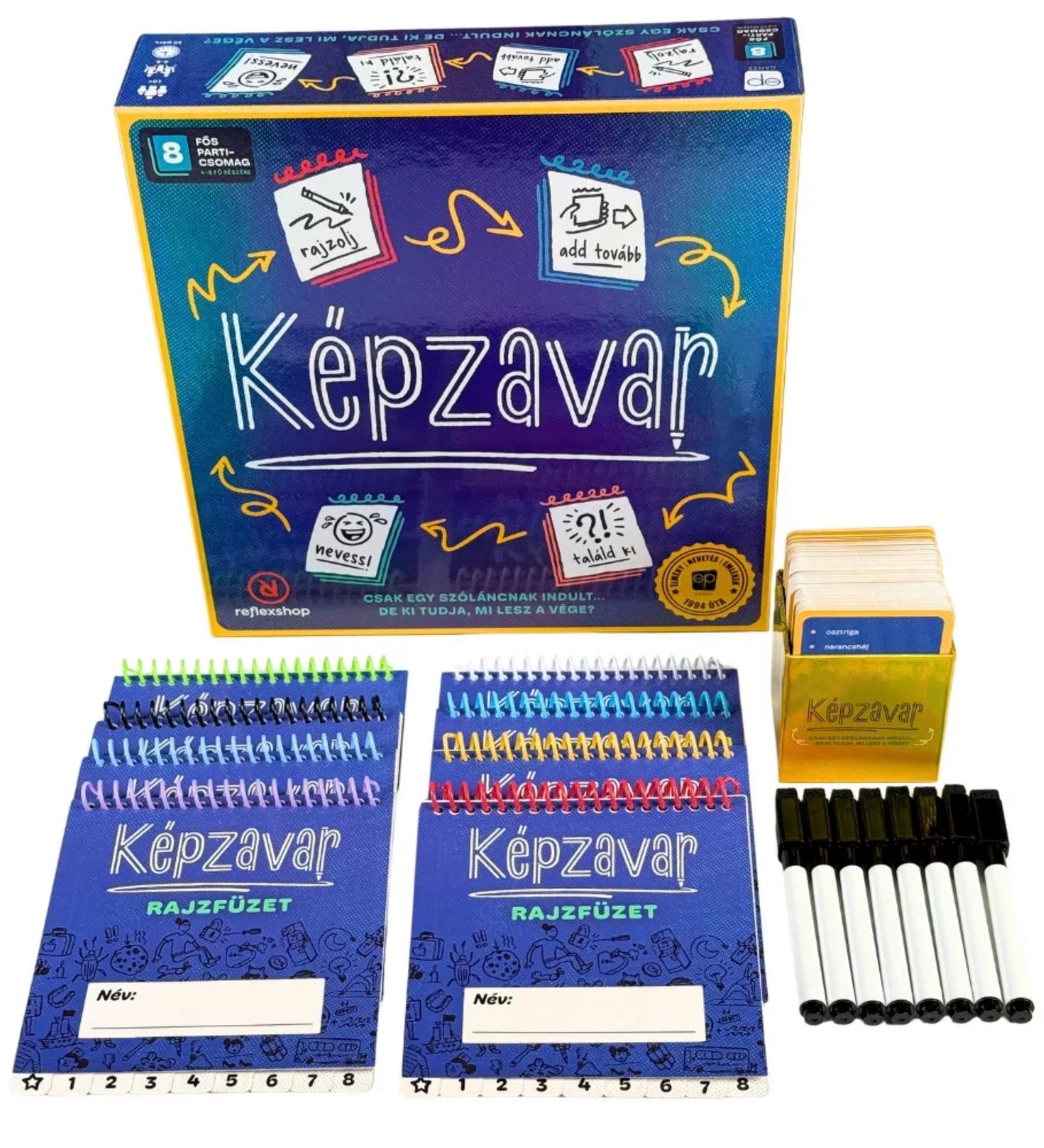 Képzavar társasjáték teljes tartalma: doboz, több rajzfüzet spirálkötéssel, kártyapakli és fekete filctollak rendezett elrendezésben.