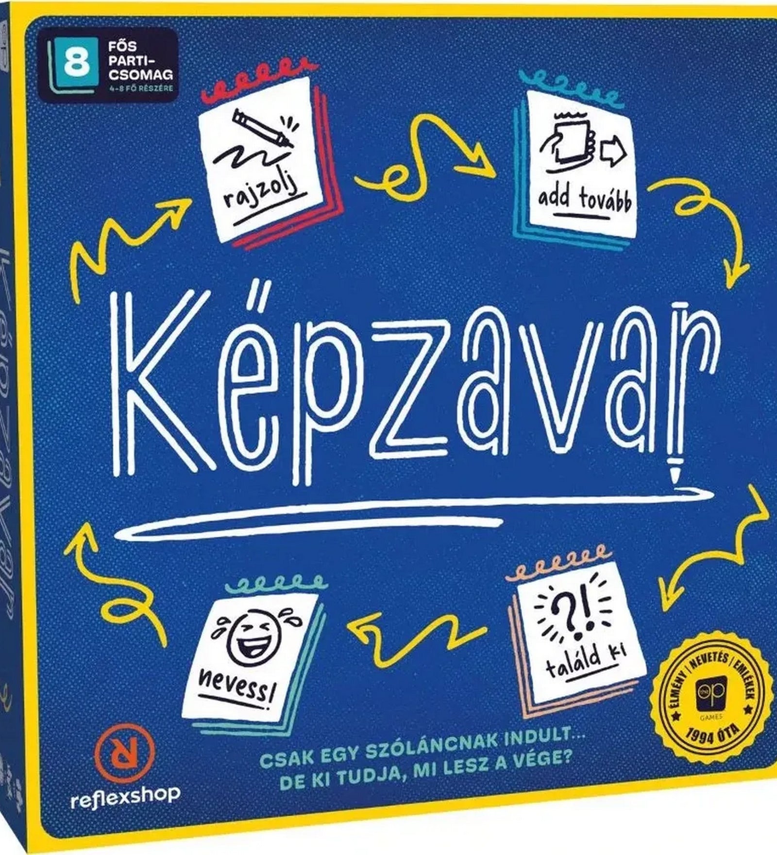 Képzavar társasjáték doboz, kék háttérrel, rajzolás és szóalkotás ikonokkal, vidám partyjáték grafikával.