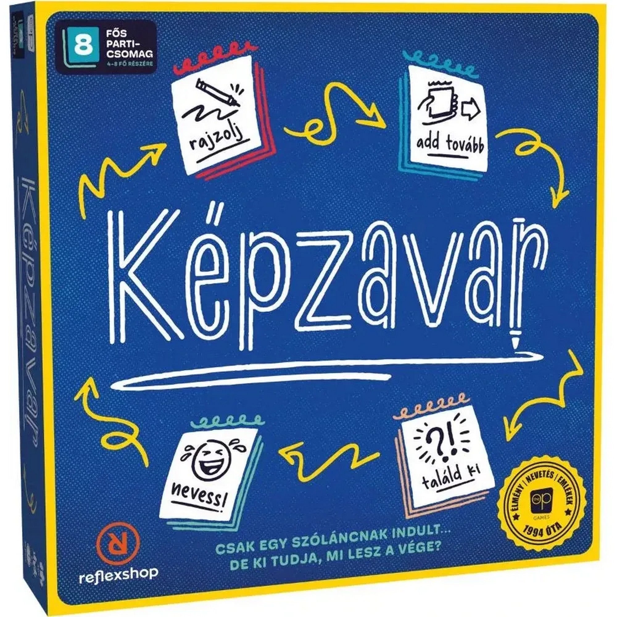 Képzavar társasjáték doboz, kék háttérrel, rajzolás és szóalkotás ikonokkal, vidám partyjáték grafikával.