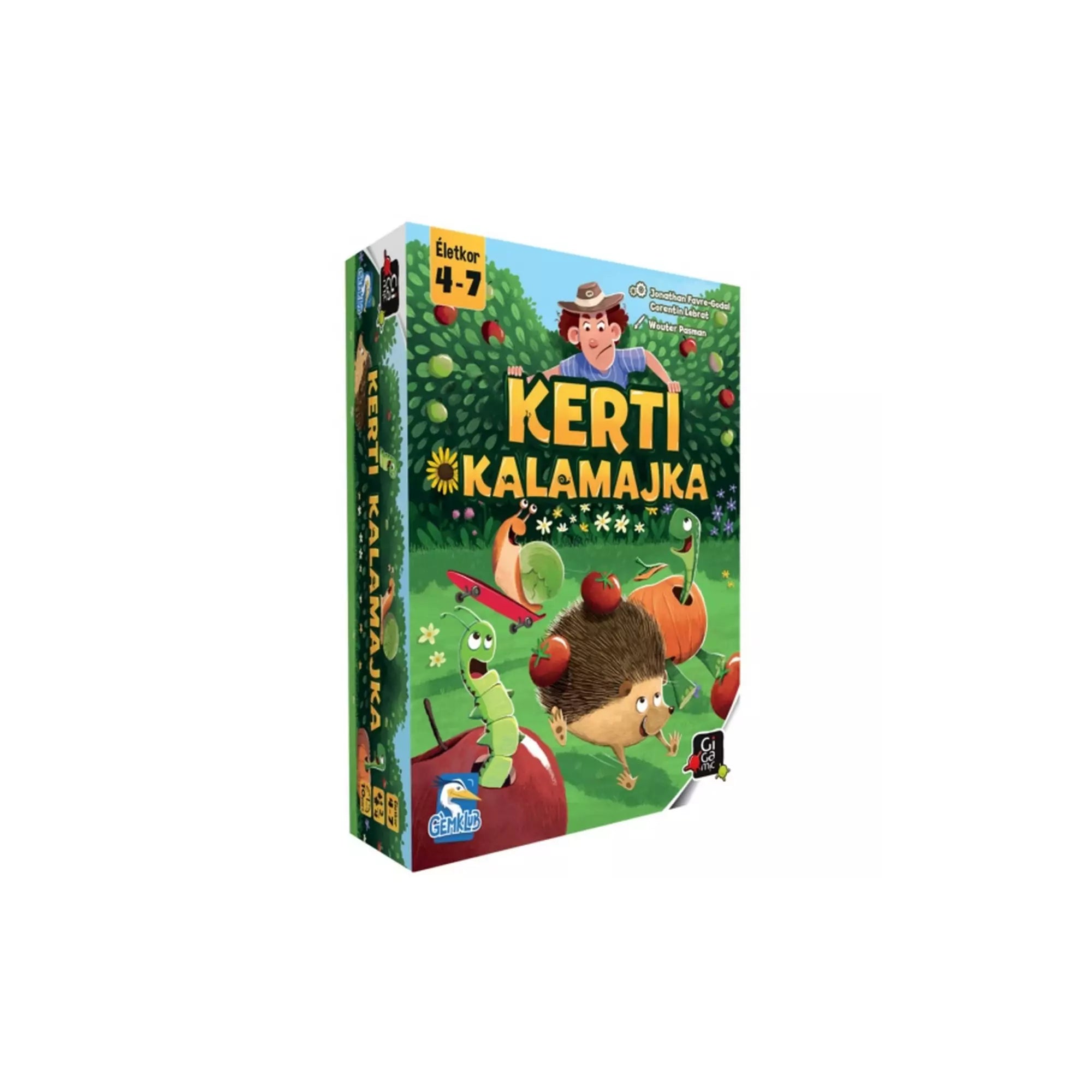 A Kerti Kalamajka társasjáték doboza, amelyen aranyos állatok versenyeznek egy kertben, miközben a gazda figyeli őket.