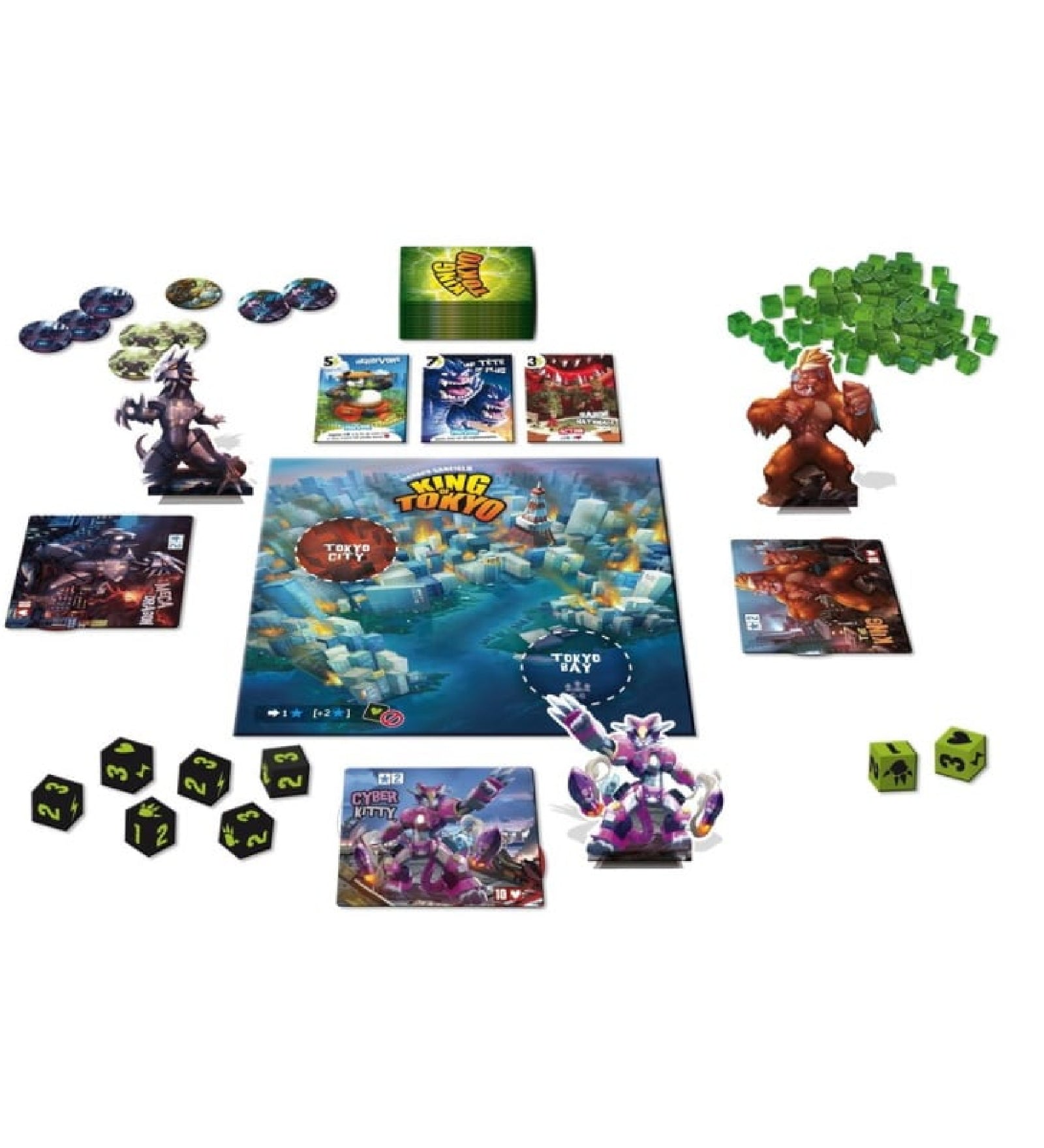 A King of Tokyo: New Edition társasjáték asztalképe, középen a várost ábrázoló játéktáblával. Körülötte hatalmas szörnyfigurák, mint a Cyber Kitty, a Giga Zaur és a King, valamint kockák, kártyák és zöld energiajelölők láthatók. A játékosok célja, hogy a legfélelmetesebb szörnyként uralják Tokiót.