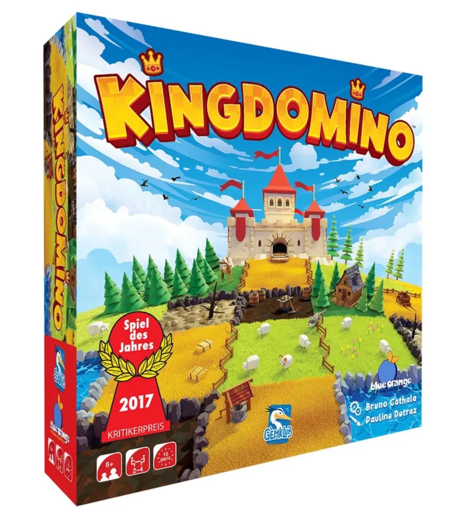 A Kingdomino társasjáték doboza – vidám, mesés illusztráció várkastéllyal, mezőkkel és a 2017-es „Spiel des Jahres” díj emblémájával.