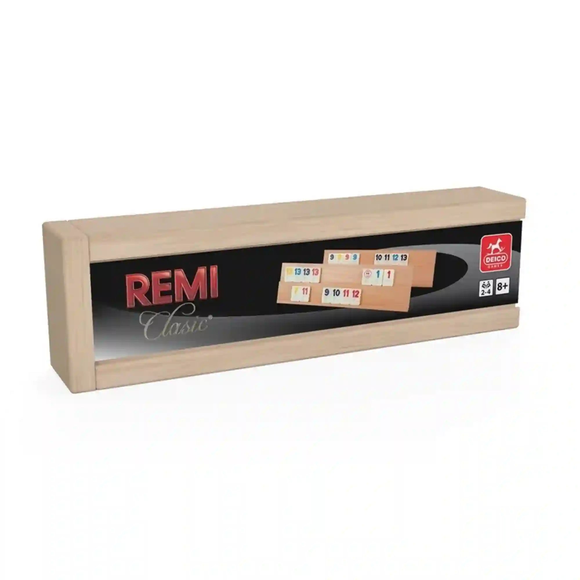 Remi Classic társasjáték világos fa tárolódoboza fehér háttéren, fekete címkével és a játék számozott lapkáit ábrázoló grafikával.