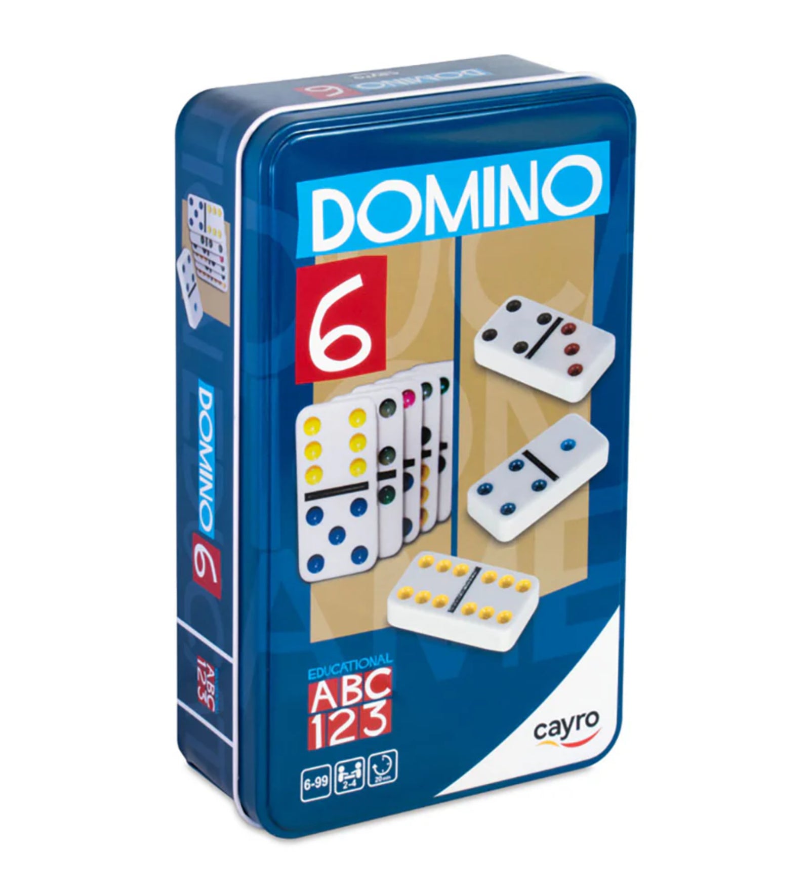 Domino 6 klasszikus dominó játék fémdobozos csomagolásban, Cayro Educational ABC 123 sorozat, 28 darab dominólappal.