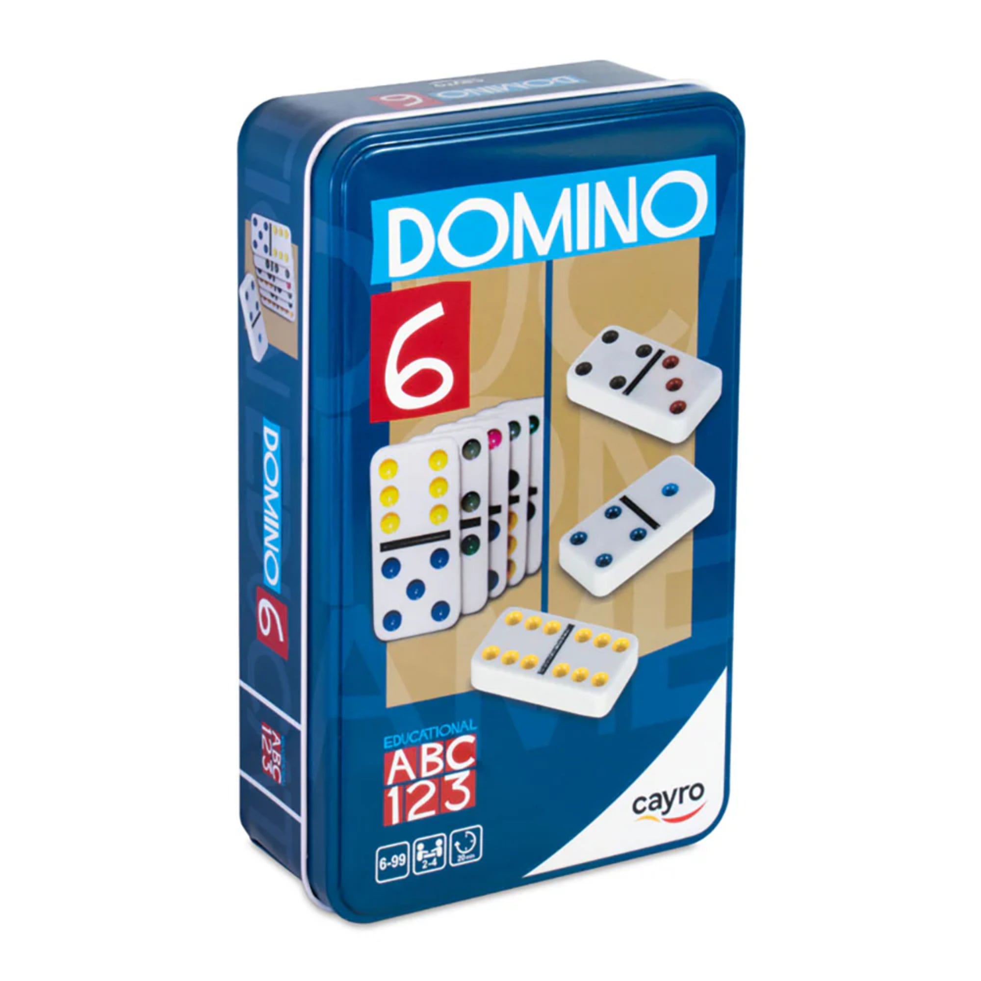 Domino 6 klasszikus dominó játék fémdobozos csomagolásban, Cayro Educational ABC 123 sorozat, 28 darab dominólappal.