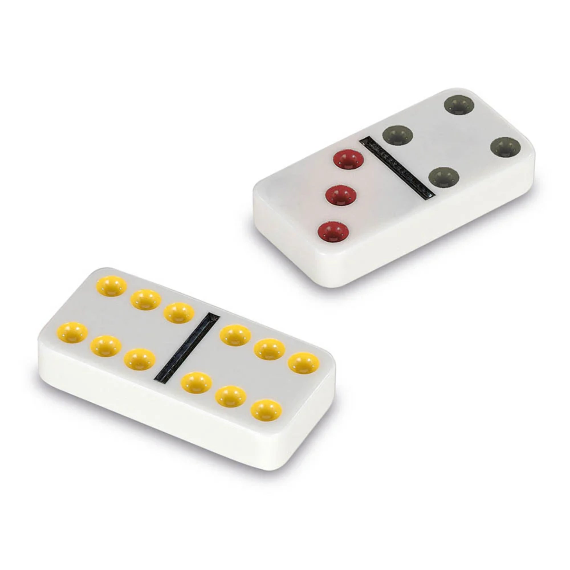 Dominólapok különböző színű pöttyökkel (piros, zöld, sárga), fehér műanyag kivitelben. 