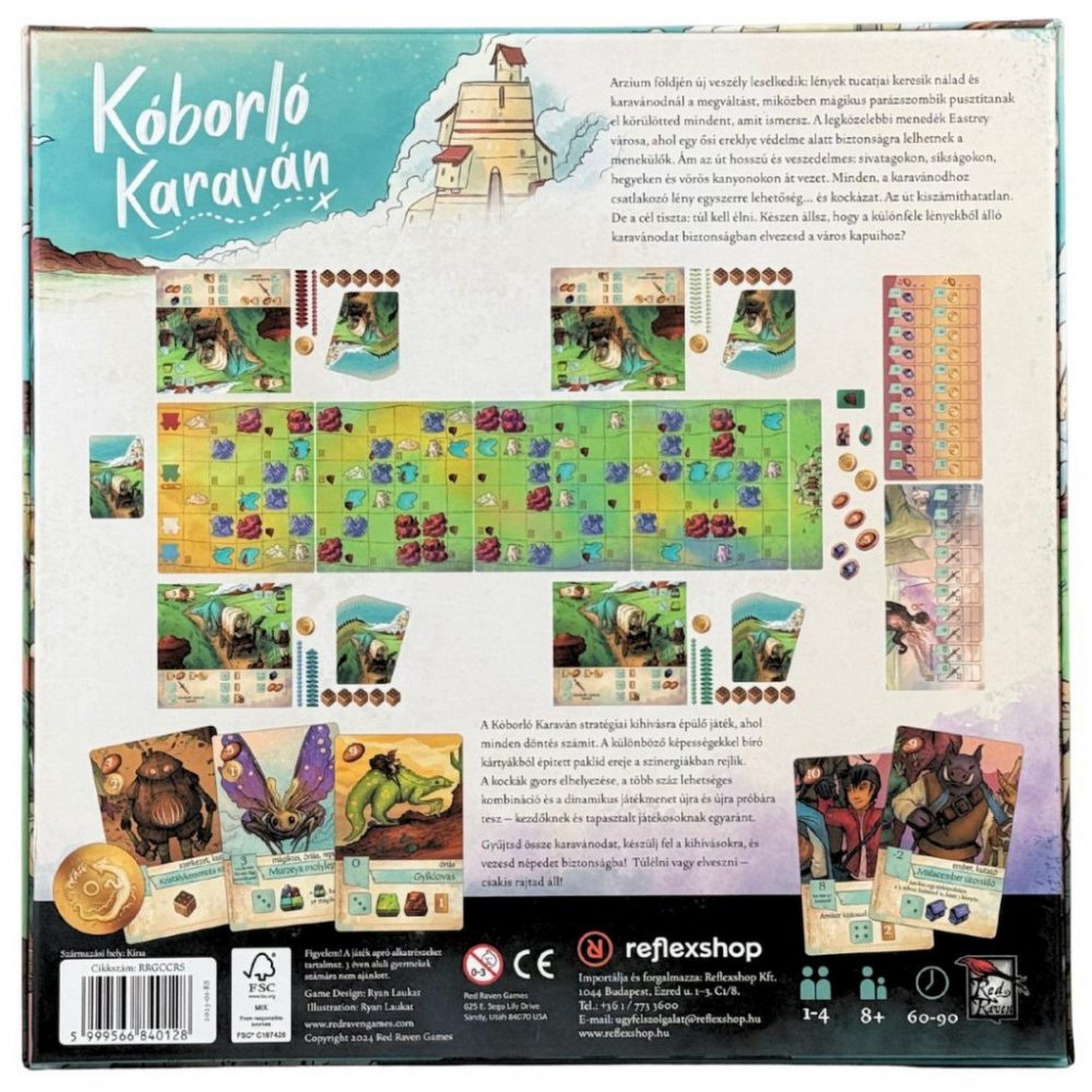 Kóborló Karaván – A társasjáték dobozának hátoldala, részletes játéktábla-elrendezéssel, figurákkal, kártyákkal és játékelemekkel.