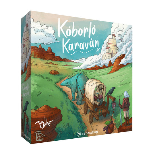 Kóborló Karaván – A társasjáték doboza, illusztrált karavánnal, elefánttal és fantáziavilág tájképpel.