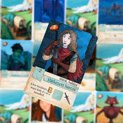 Kóborló Karaván – Elátkozott harcos szerepkártya, illusztrált karakterlap képességekkel és ikonokkal.