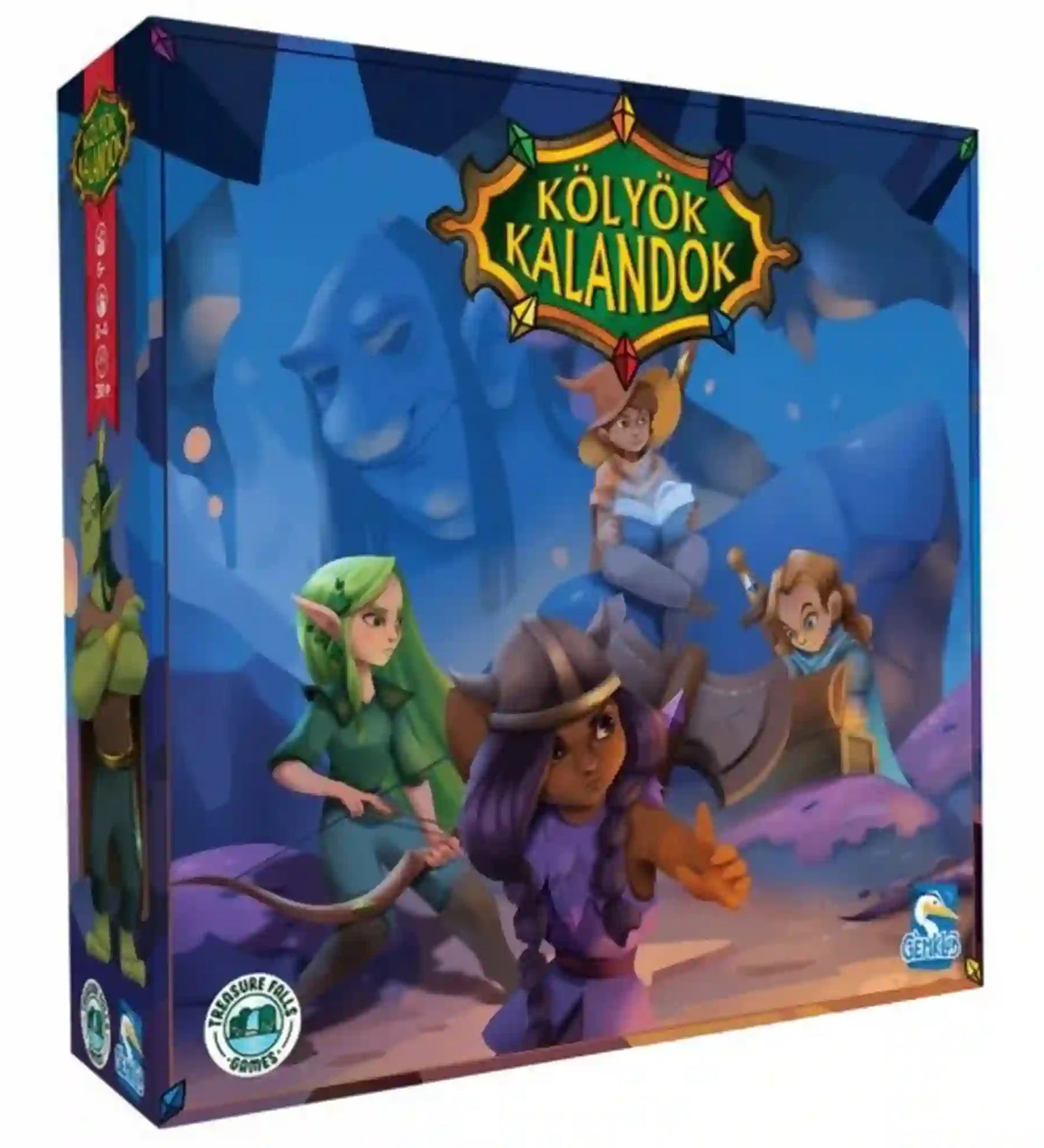 Kölyök Kalandok társasjáték doboza, kalandor gyerekekkel és fantasy hangulatú illusztrációval.