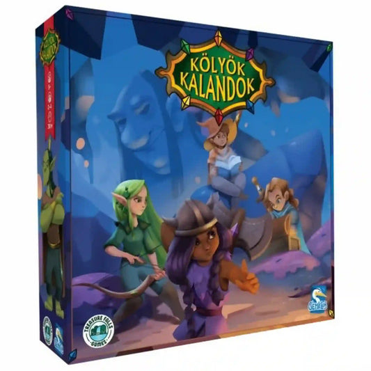 Kölyök Kalandok társasjáték doboza, kalandor gyerekekkel és fantasy hangulatú illusztrációval.