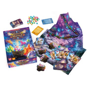 Kristály műhely magyar nyelvű társasjáték doboza és teljes tartalma, játéktáblával, 3D-s bányamodullal, kártyapaklikkal, kristálykövekkel és kiegészítő elemekkel, fantasy hangulatú illusztrációkkal.